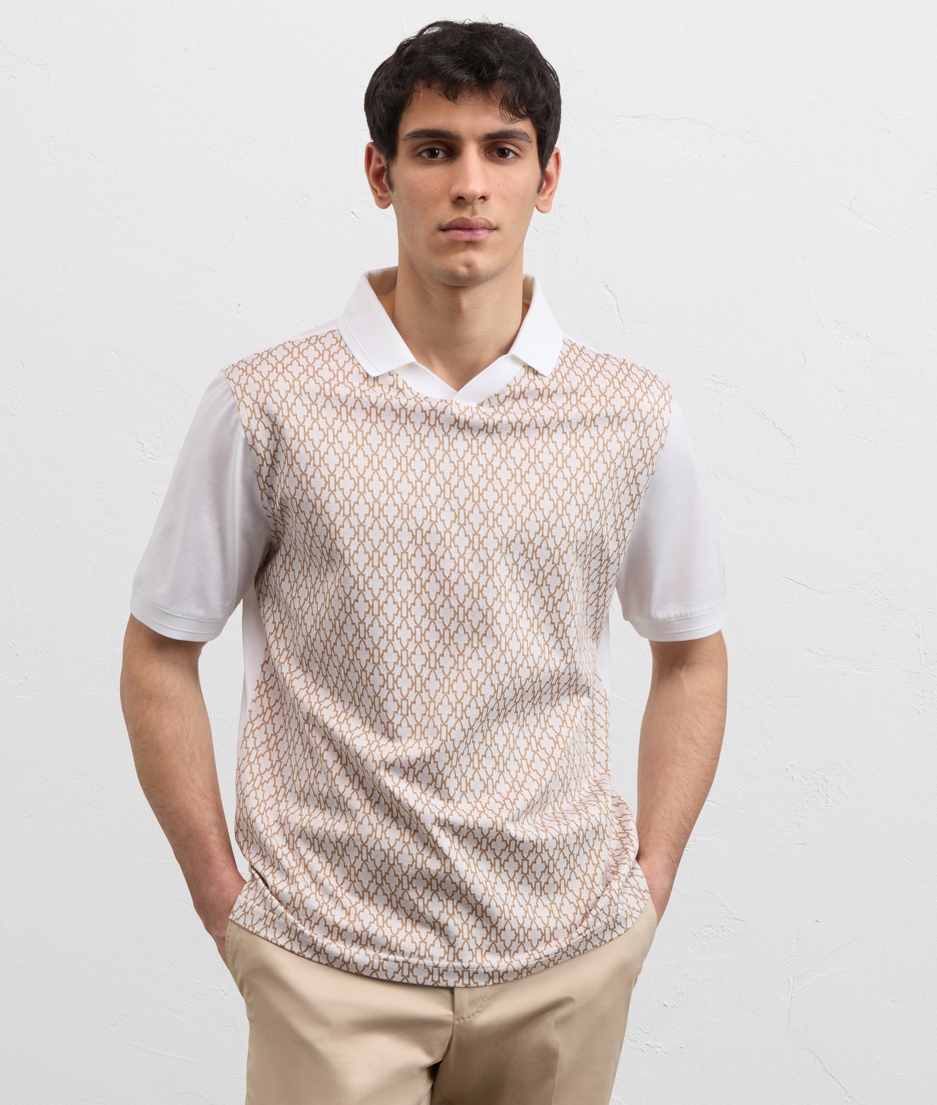 WHITE COTTON JERSEY POLO SHIRT WITH V NECK AND JACQUARD FRONT