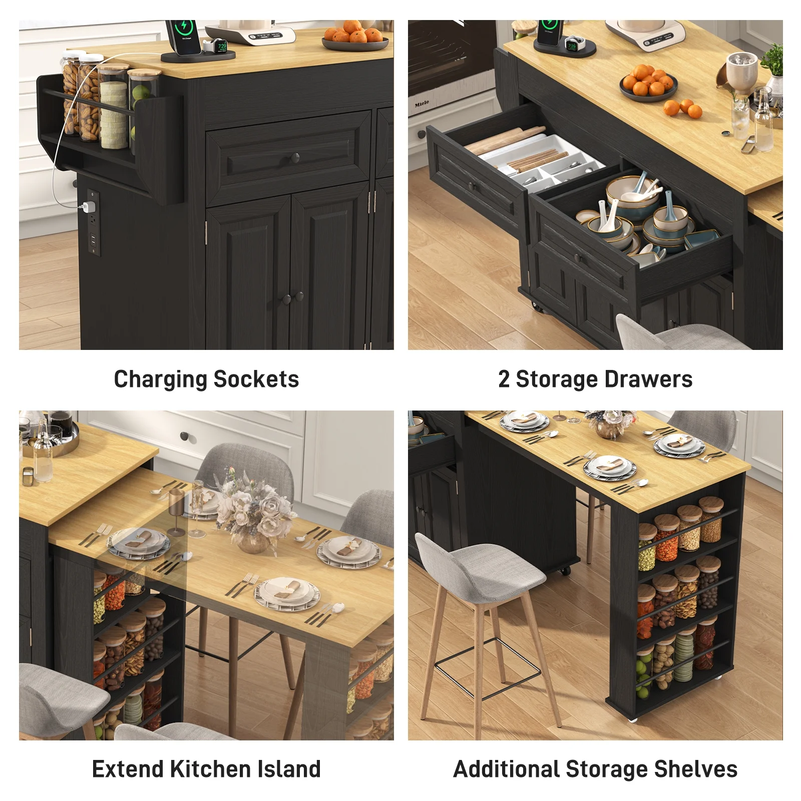 Large Kitchen Island with Extendable Dining Table and Power Outlet, Rolling Kitchen Island Cart on Wheels with 2 Storage Cabinets 2 Drawers 3 Spice Racks, Island Table for Kitchen(Black) - Image 6