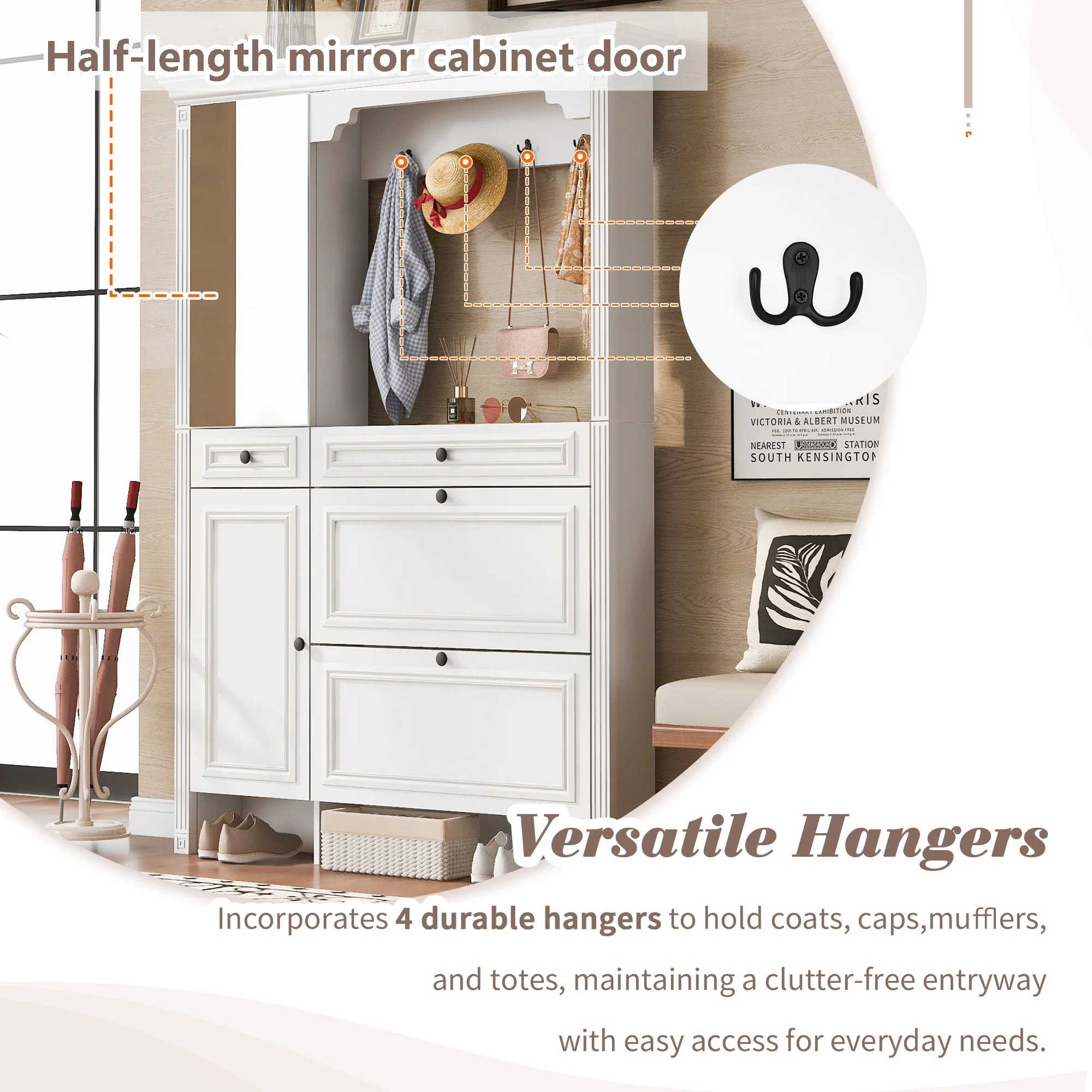 Entryway Bench with Coat Rack,4-in-1 Design Hall Tree with 2 Doors and 2 Drawers,Mirrored Cabinet Door,Shoe Cabinet Storage for Entryway,Living Room,White