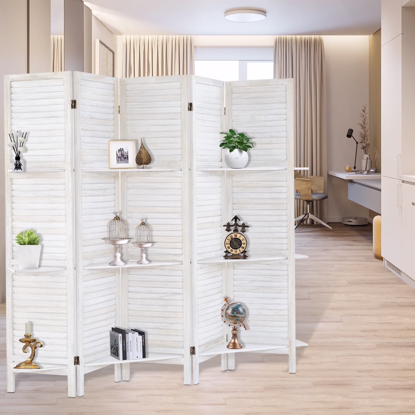 6-Panel Room Divider with Shelves5.6ft Tall Folding Privacy Screen Panels, Room Divider Wall, Divider for Room Separation, Room Divider ShelvesEffectively Block SightNatural(White/6) - Image 7