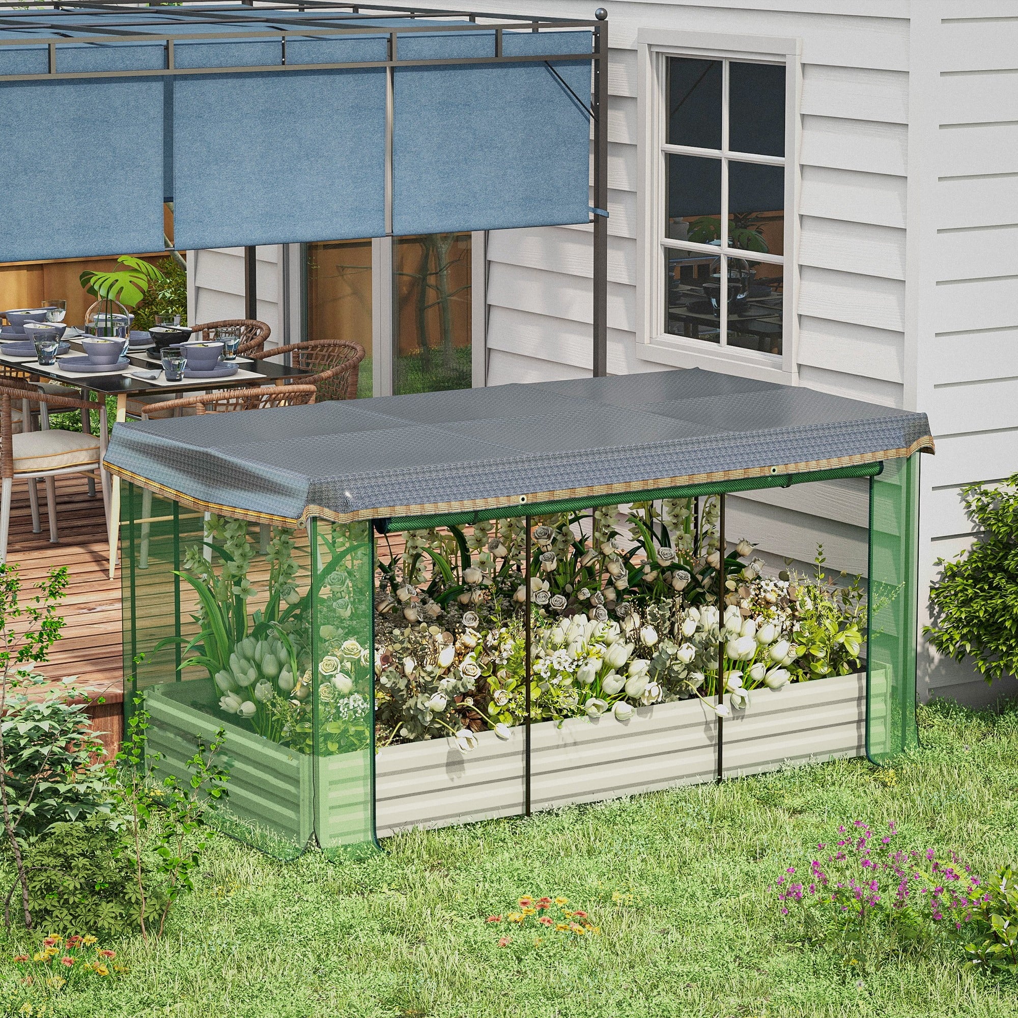 Outsunny Galvanized Raised Garden Bed with Crop Cage & Shade Cloth, Beige