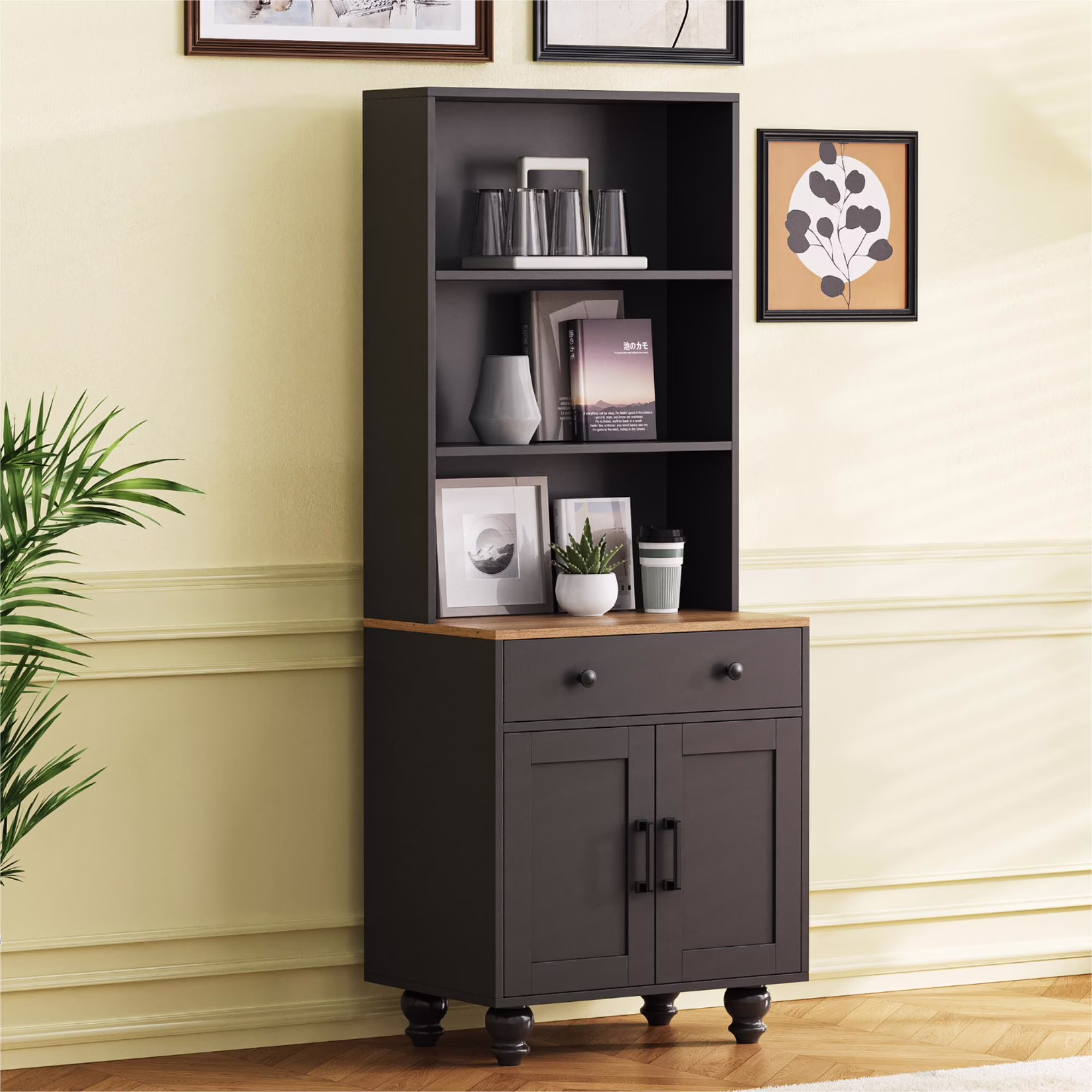 110" Entertainment Center Wall Unit Set with Glass Display Cabinets, Adjustable Shelves Vintage TV Stand for TVs up to 85", Farmhouse Style Media Console with Storage, Gourd Legs(Black+TV Stand+Bookshelves) - Image 5