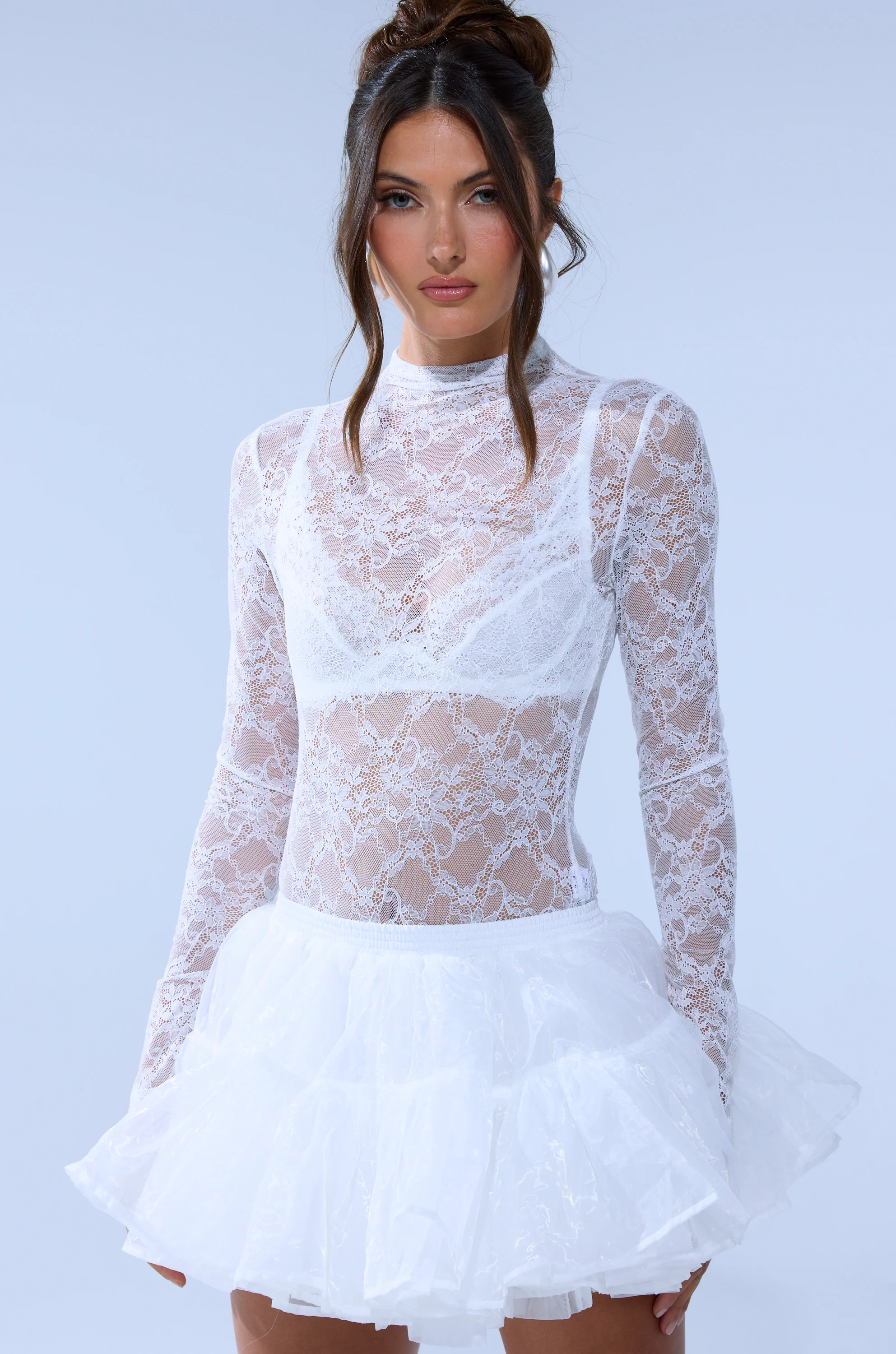 EVERYDAY MOCK NECK LACE BODYSUIT IN WHITE - Akira Store