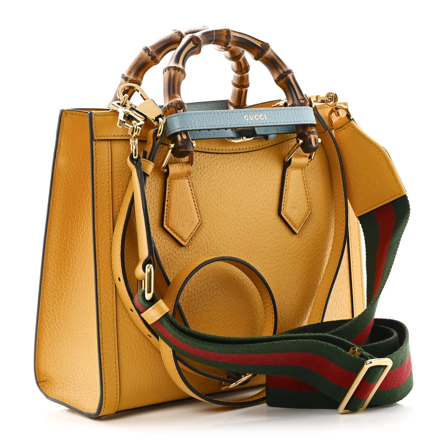 Textured Dollar Calfskin Web Small Diana Tote Bag Yellow Dusty Azure