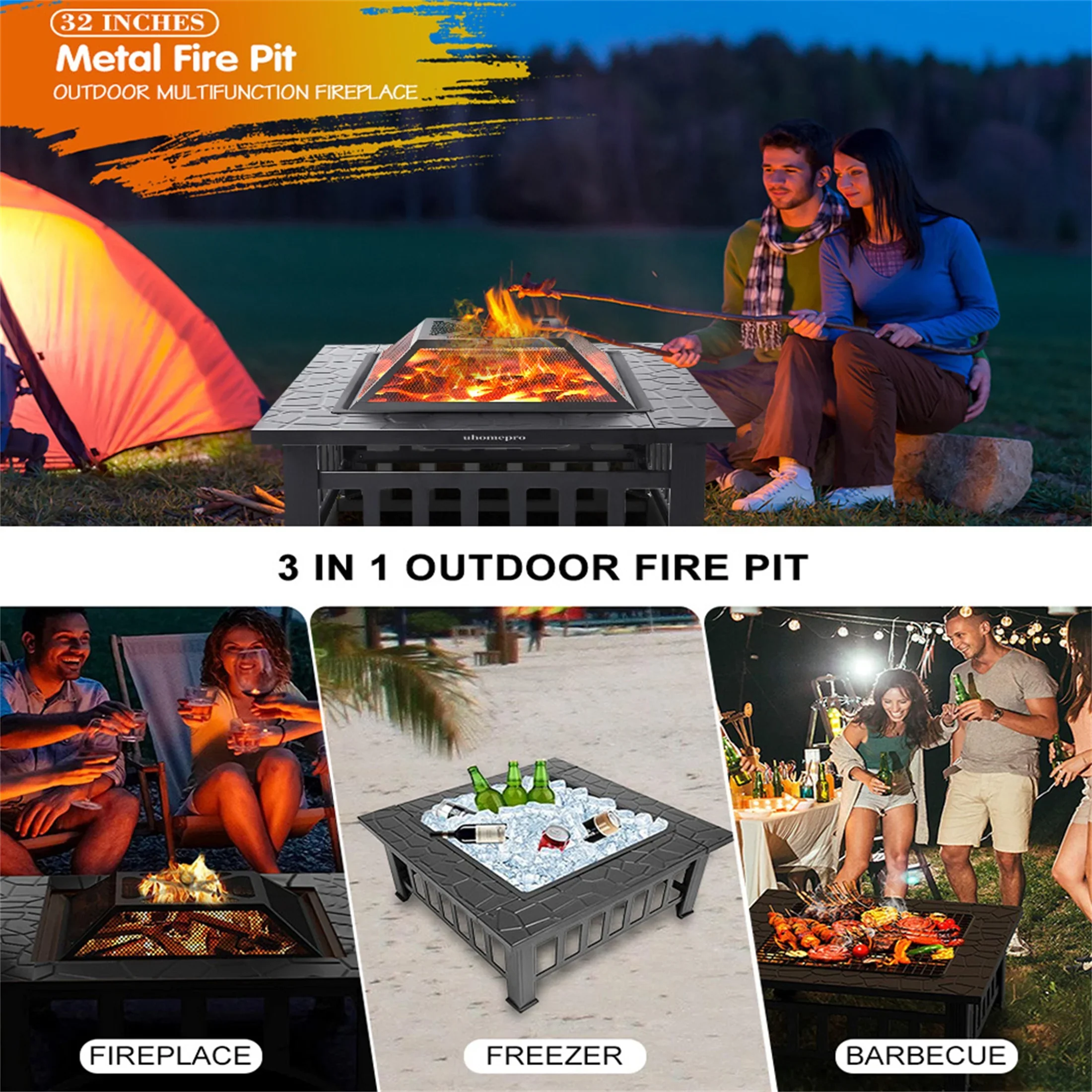 Fire Pits for Outside, UHOMEPRO 32 Square Iron Fire Pit Backyard Patio Garden Stove Wood Burning Fire Pit w/ BBQ Net, Waterprrof Cover, Mesh Screen Lid, Wood Grate, Poker, Durable Fire Pit