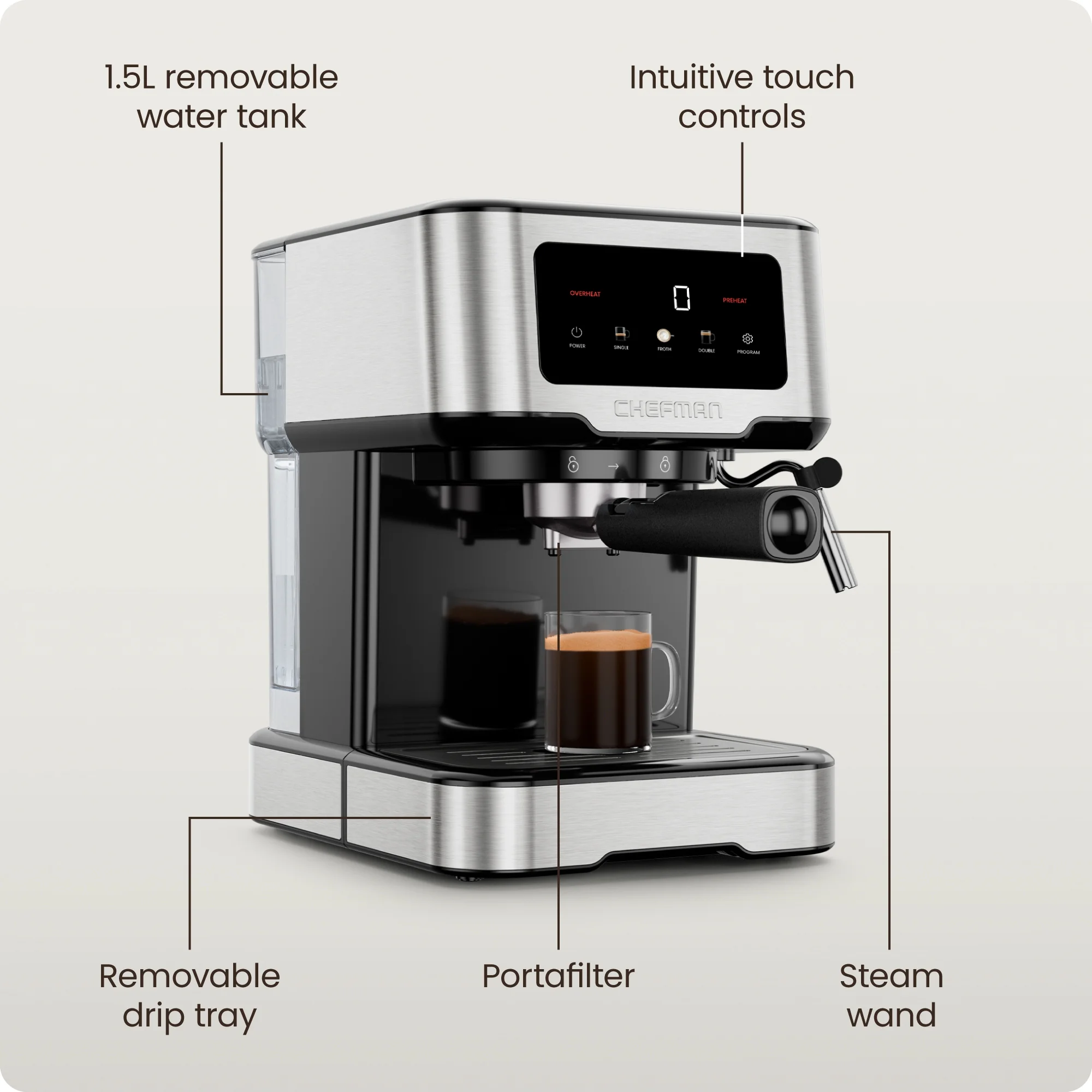 Chefman Craftbrew Espresso Machine W/ Steam Wand and Touch Controls - Stainless Steel