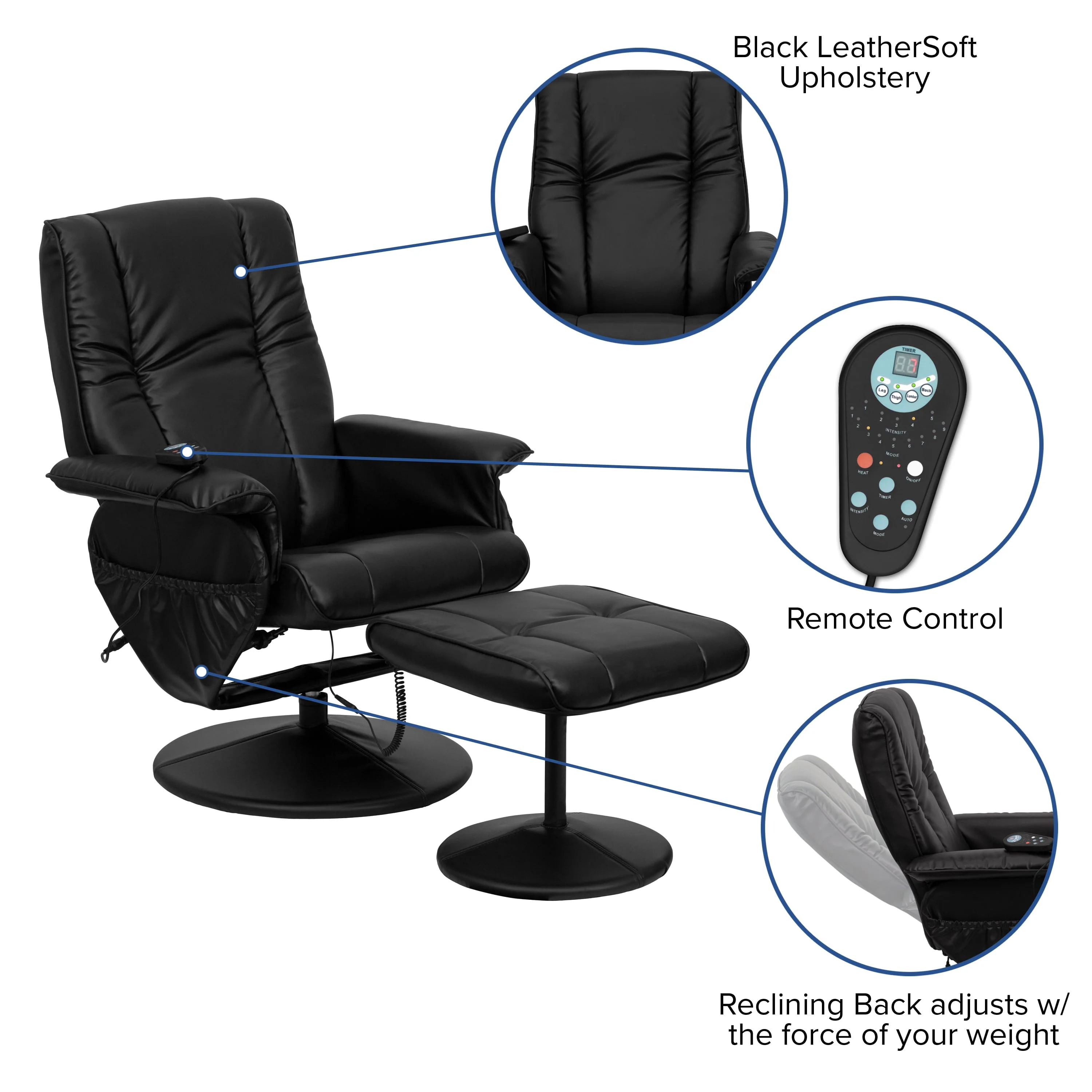 Bizchair Massaging Heat Controlled Adjustable Recliner and Ottoman with Wrapped Base in Black Leathersoft