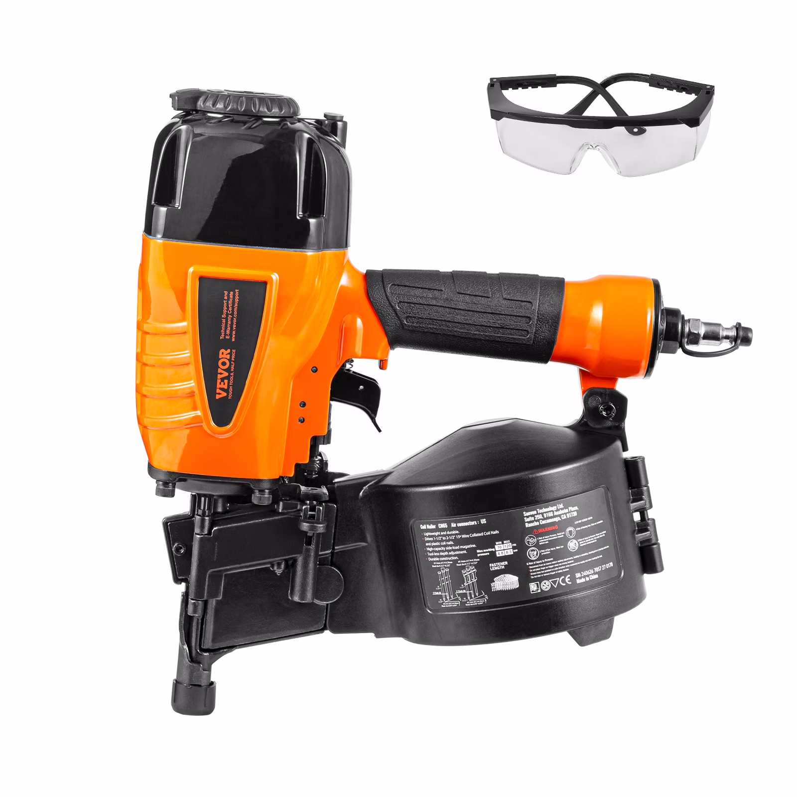 VEVOR Coil Siding Nailer CN65, 1-1/4 to 2-1/2 15 Degree Pneumatic Siding Nail Gun with Tool-Less Depth Adjustment, 70-120PSI Air Coil Nailer for Siding, Pallet Sheathing, Wooding, Fencing
