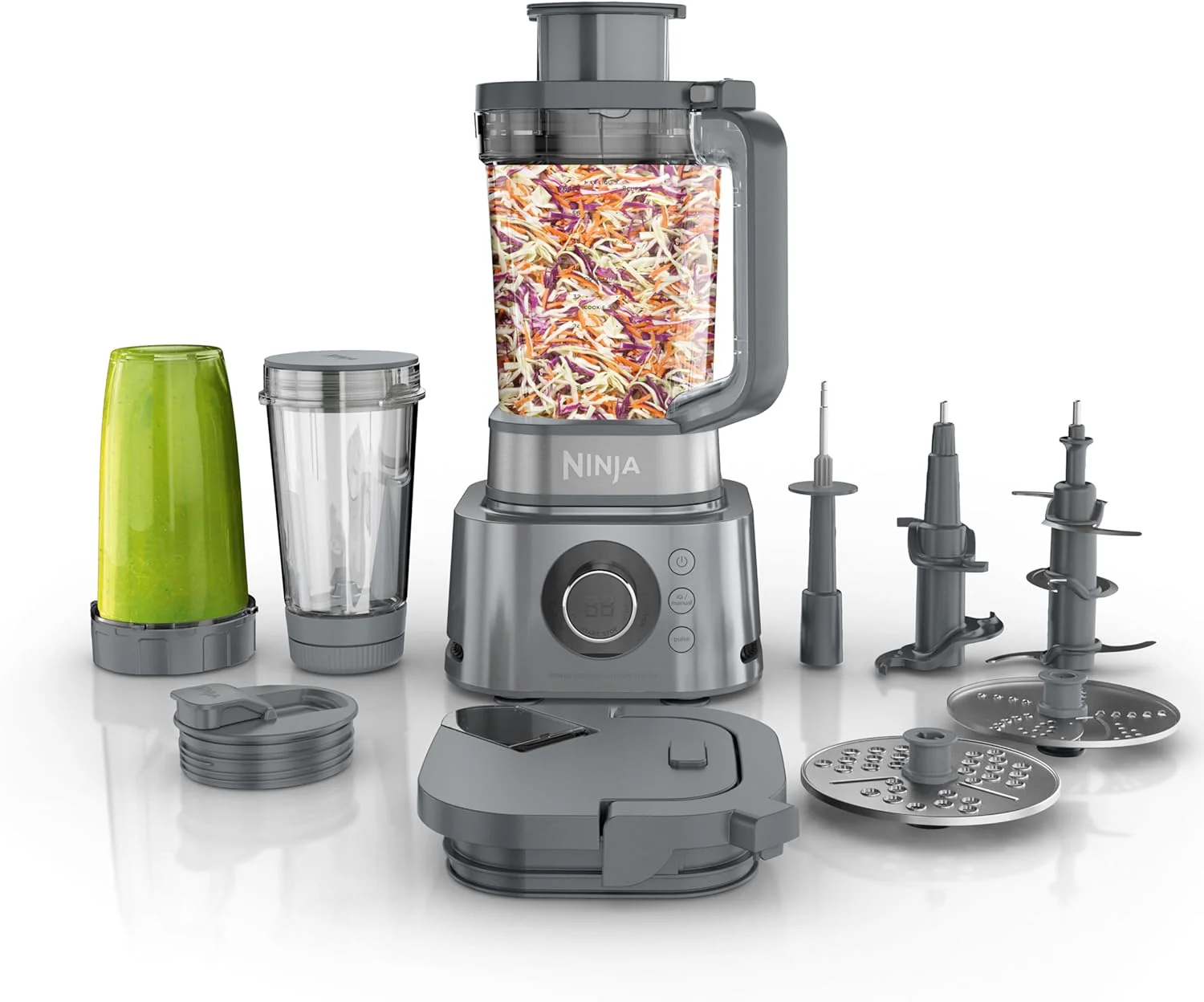 Blender Ninja, système de cuisine compact, 1200 W, 3 fonctions pour smoothies, pâtes et boissons glacées avec Auto-IQ, pichet mélangeur de 2,1 L*, bol robot de 1,2 L et gobelet individuel de 530 ml, gris, AMZ493BRN