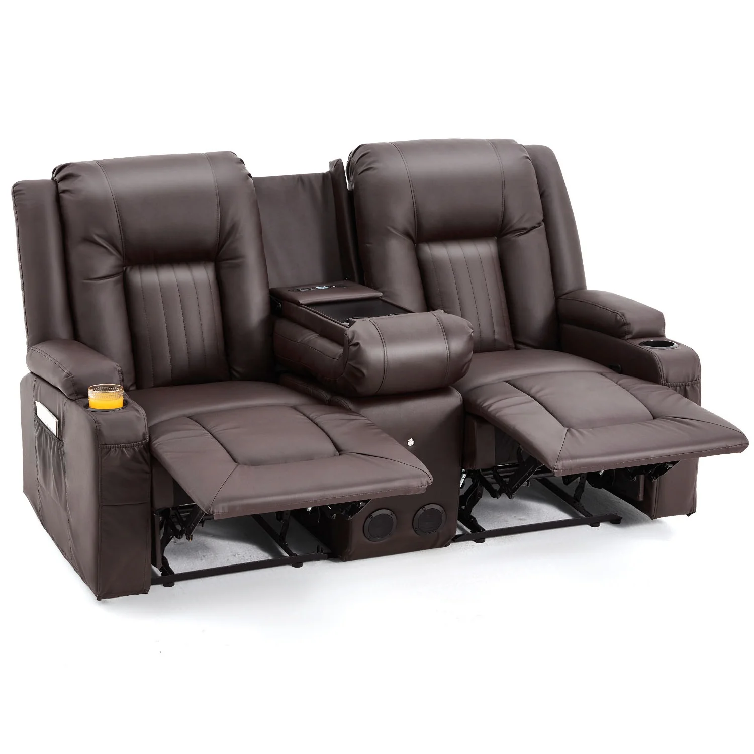 AECOJOY Recliner Loveseat with Console&Bluetooth Speakers, Manual RV Reclining Sofa, Brown