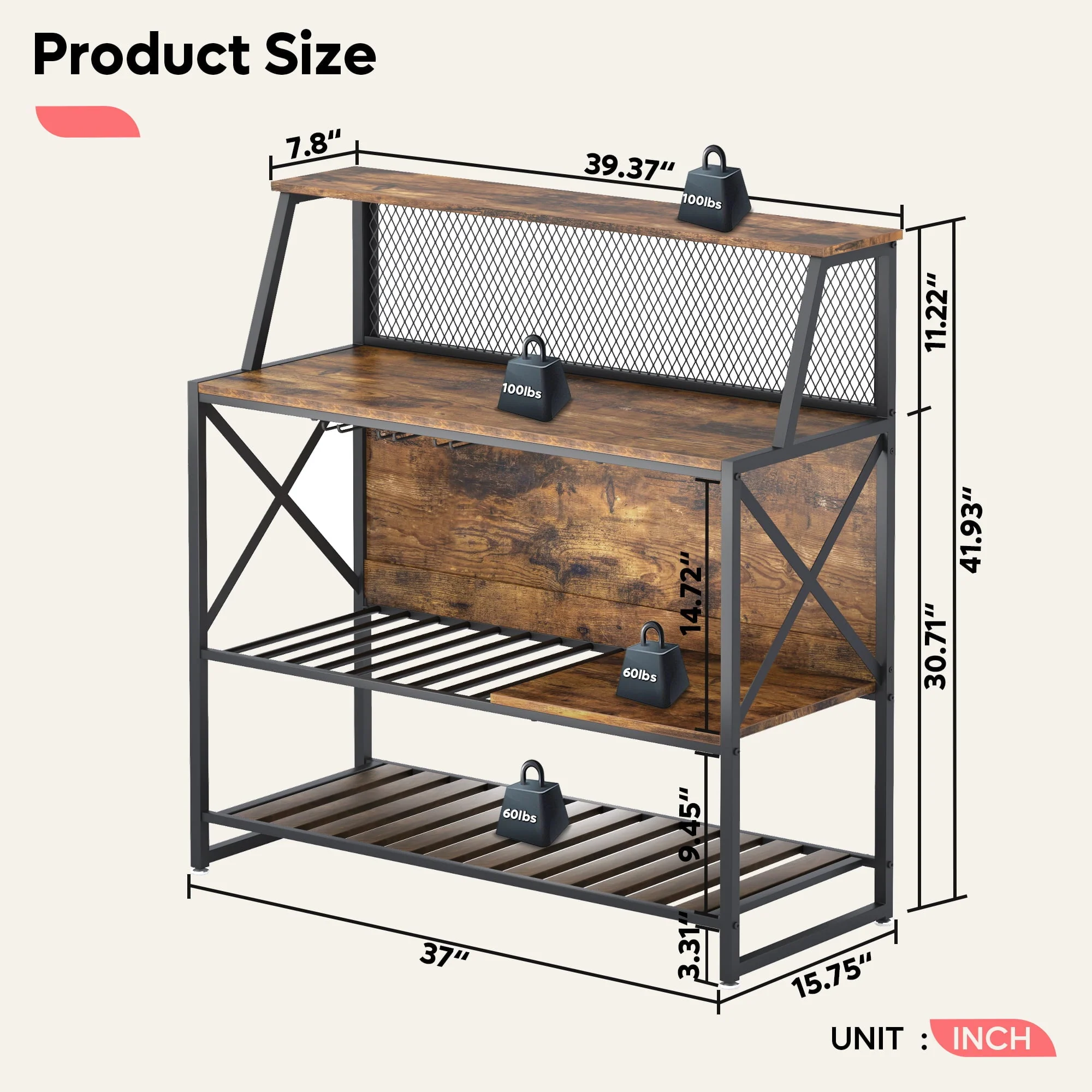 Bestier 3 Tier Liquor Bar Table Wine Bar Cabinet Coffee Station for Kitchen Rustic(Gray)