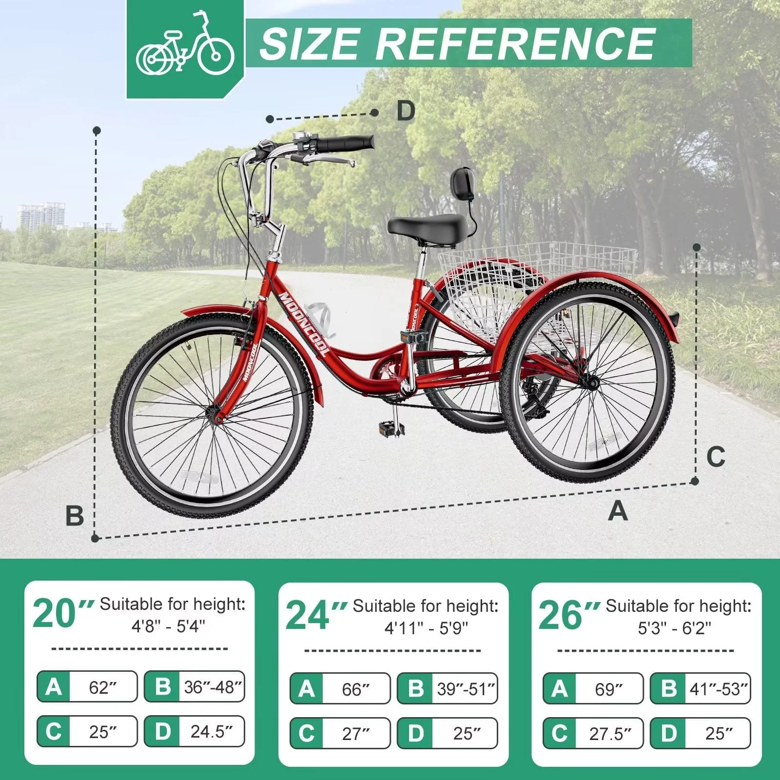 MOPHOTO 24" Adult Tricycle for Adult, 7 - Speed 3 Wheel Bicycle with Basket for Shopping, Exercise, Seat Adjustable Trike for Men Women Seniors