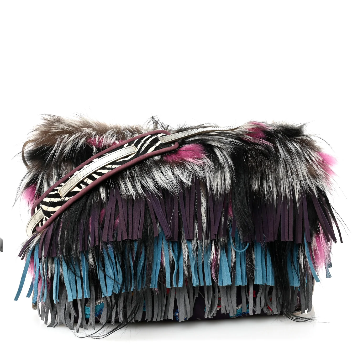 Fox Fur Suede Floral Embroidered Biker Shoulder Bag