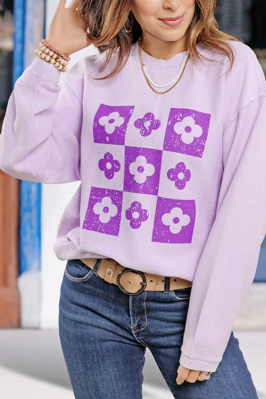 Checkered Floral Ribbed Graphic Crewneck