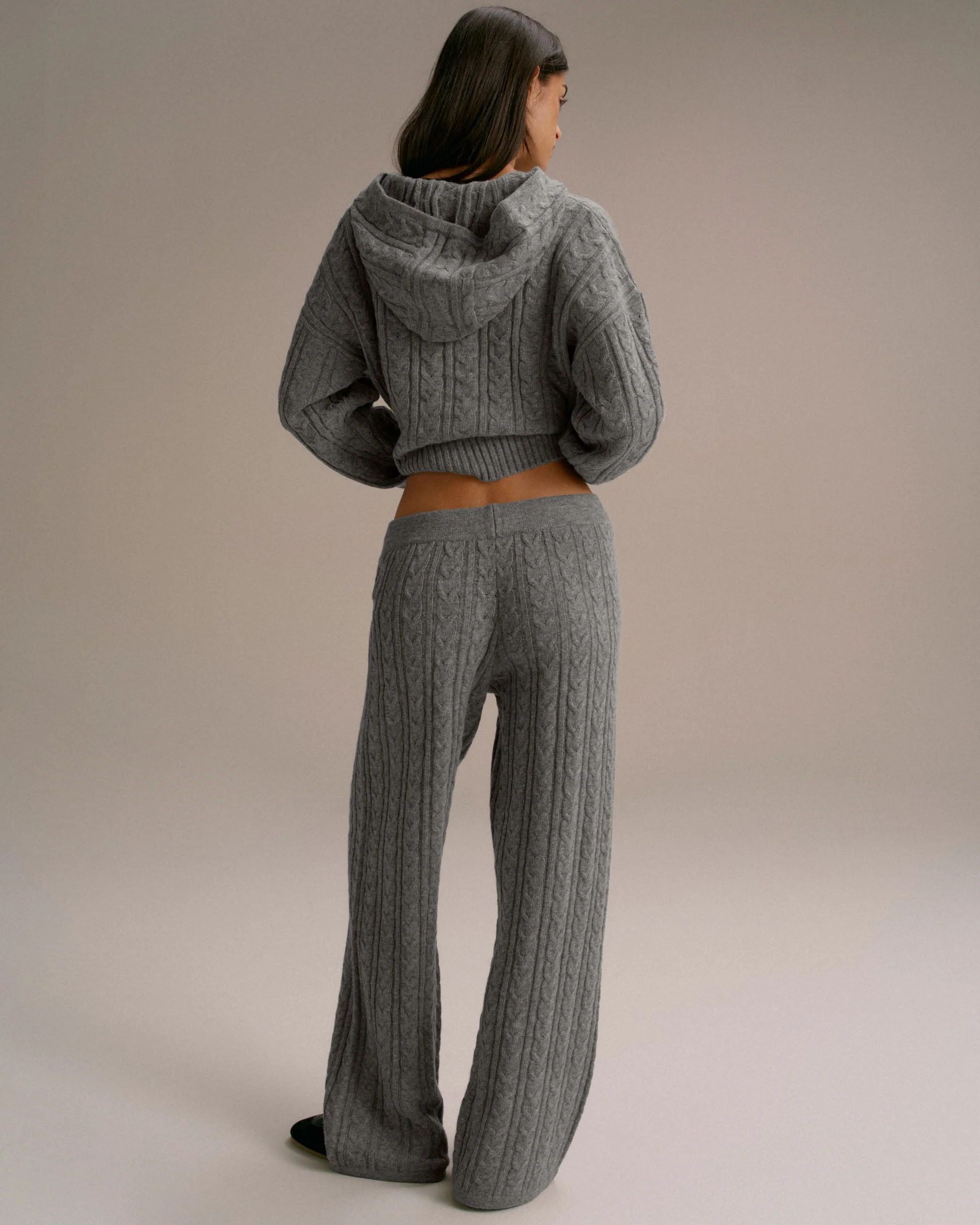 Cable Knit Straight Leg Trousers - Dark Grey Melange