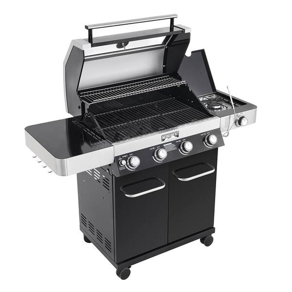 4-Burner Propane Gas Grill in Black with ClearView Lid. LED Controls. Side Burner and USB Light