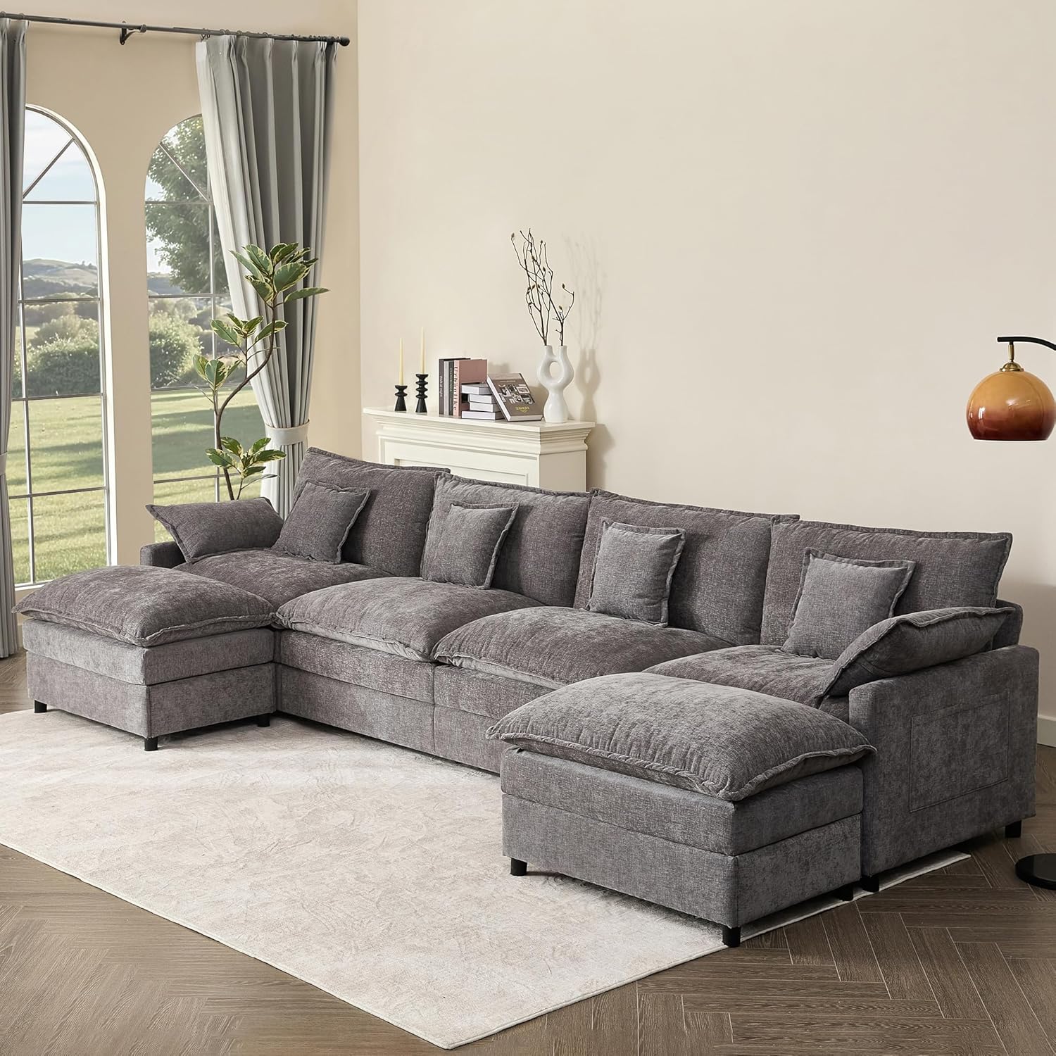 Canapé d'angle en U de 274 cm, canapé modulable, canapé 3 places confortable avec pouf amovible, canapé profond pour salon, chenille, ardoise