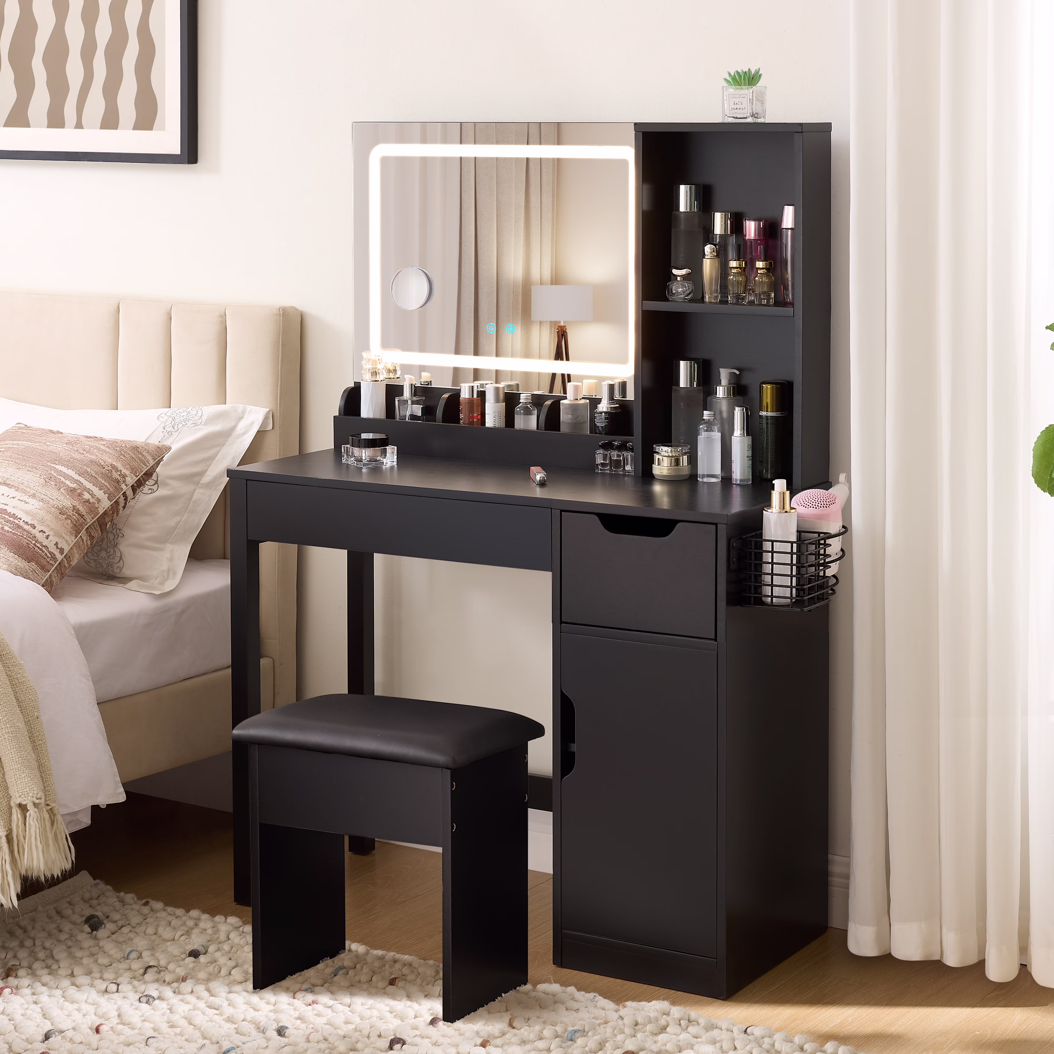 Get Ready with Me GRWM Deluxe 2 Piece Vanity and Stool with Lighted Mirror and USB Power, White Finish(White Right side storage) Image 5
