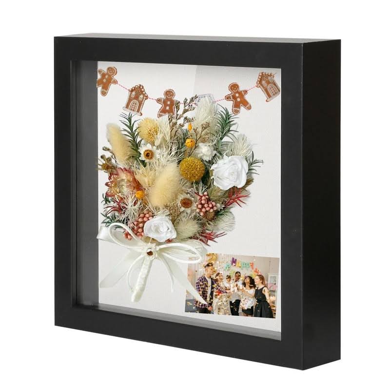 Muzilife 8x8 Shadow Box Picture Frame with Linen Board - Deep Wood & Glass Display Case Ready to Hang Memory Box Baby Sports Memorabilia, Pins, Awards