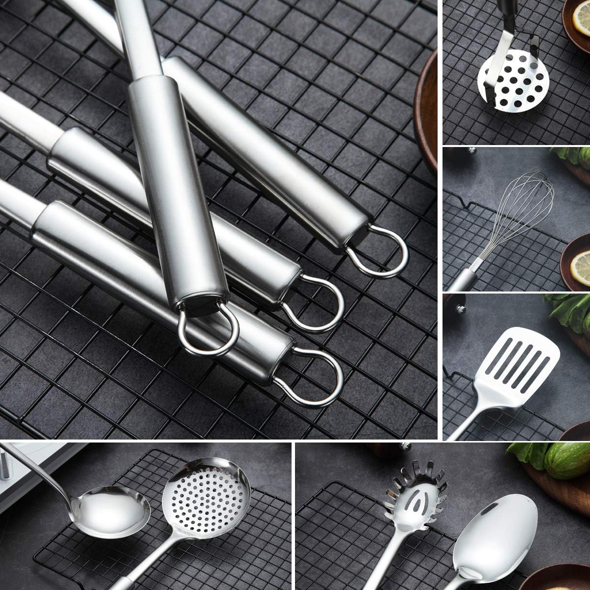 Berglander Cooking Utensil Set 8 Piece, Stainless Steel Kitchen Tool Set with Stand, Cooking Utensils, Slotted Spoon, Ladle, Skimmer, Serving Spoon, Pasta Server, Potato Masher, Egg Whisk（8 Pieces）