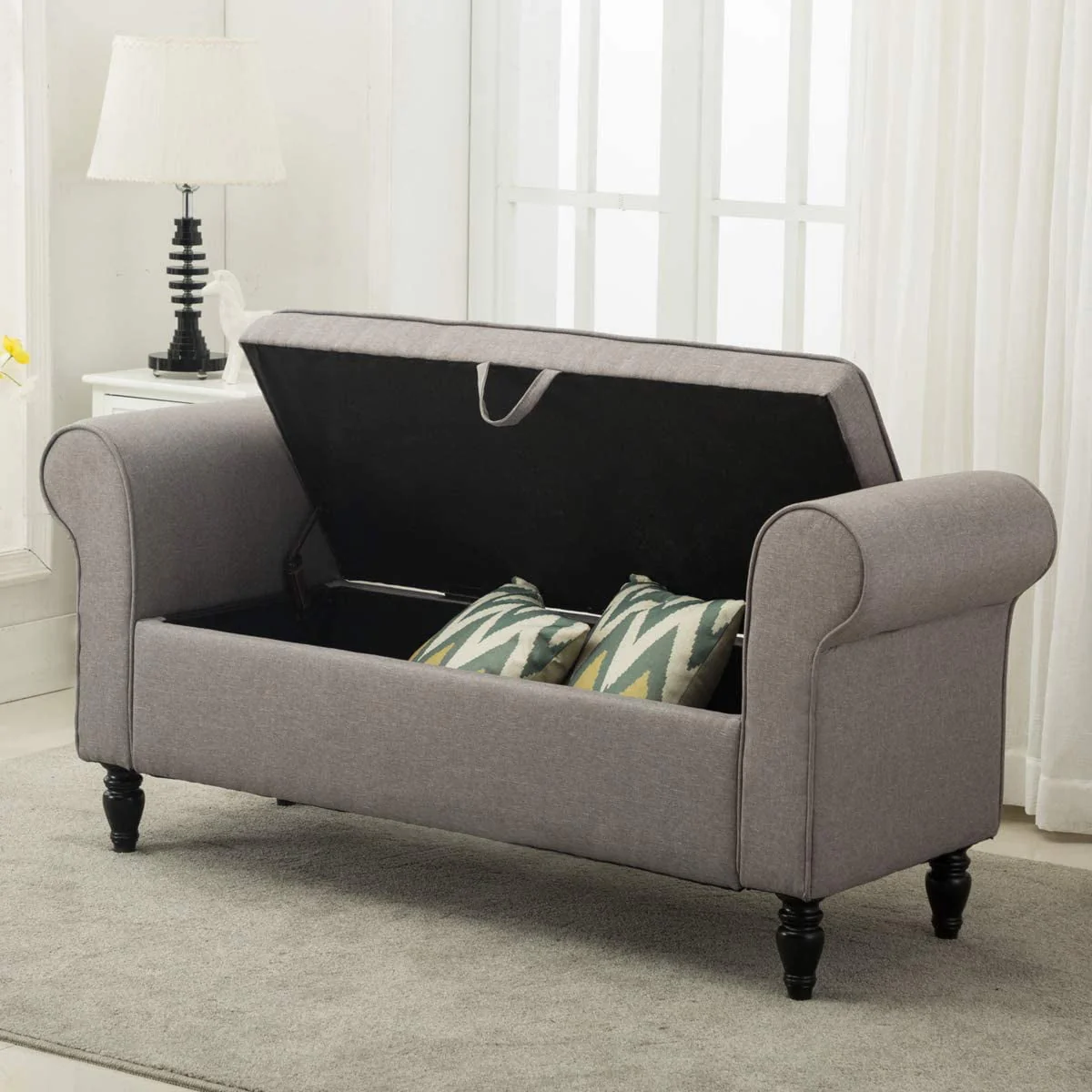 Storage Bench with Arms Upholstered Bench Settee for Bedroom Living Room Gray(Gray)