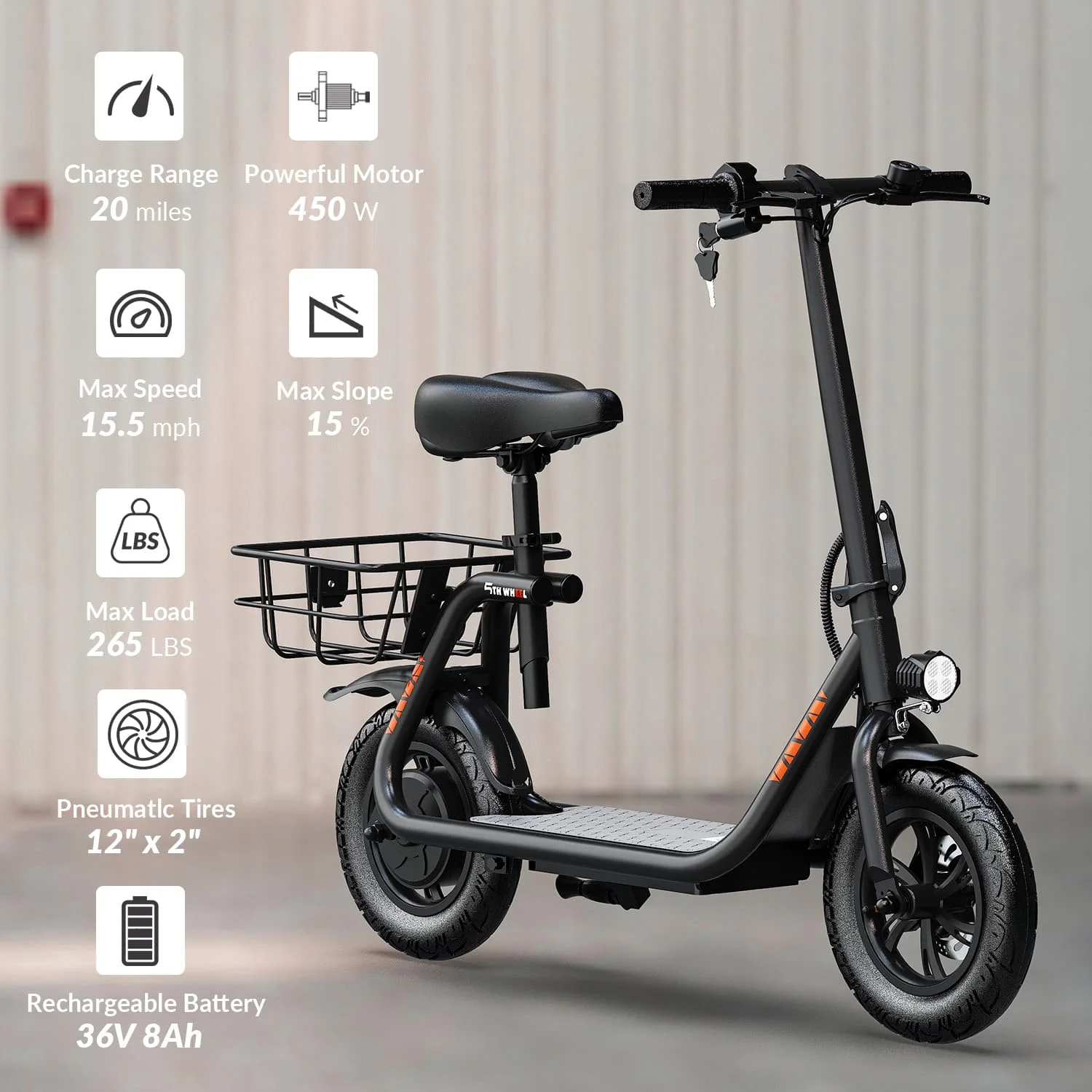 5TH WHEEL W18S 450W Motor Electric Scooter for Adults with Seat and Carry Basket, 36V 20miles Range & 15.5mph, 12