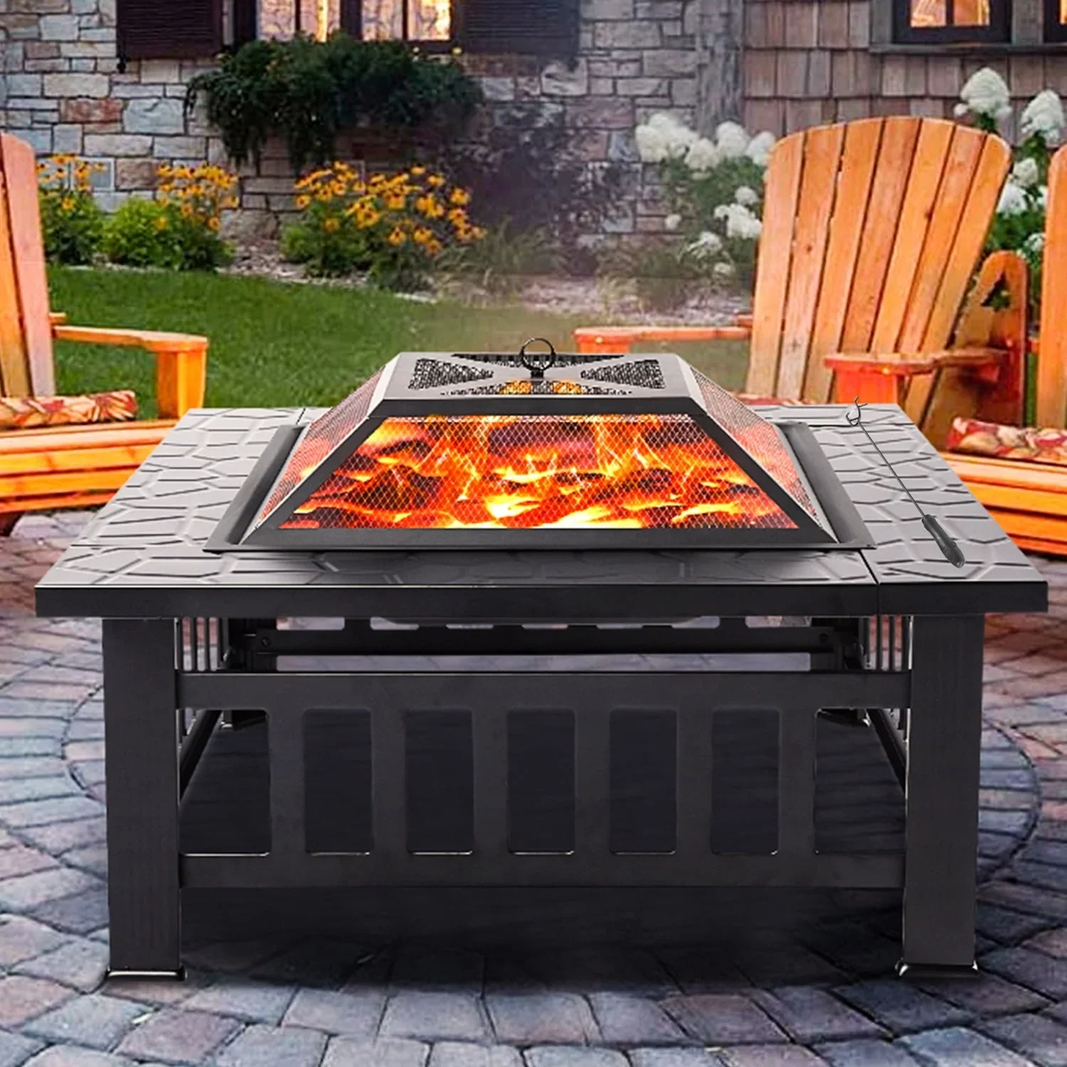 Fire Pits for Outside, 32 Wood Burning Fire Pit Tables with Screen Lid, Poker, BBQ Net, Ice Tray, Food Clip and Cover, Backyard Patio Garden Outdoor Fire Pit/Ice Pit/BBQ Fire Pit, Black