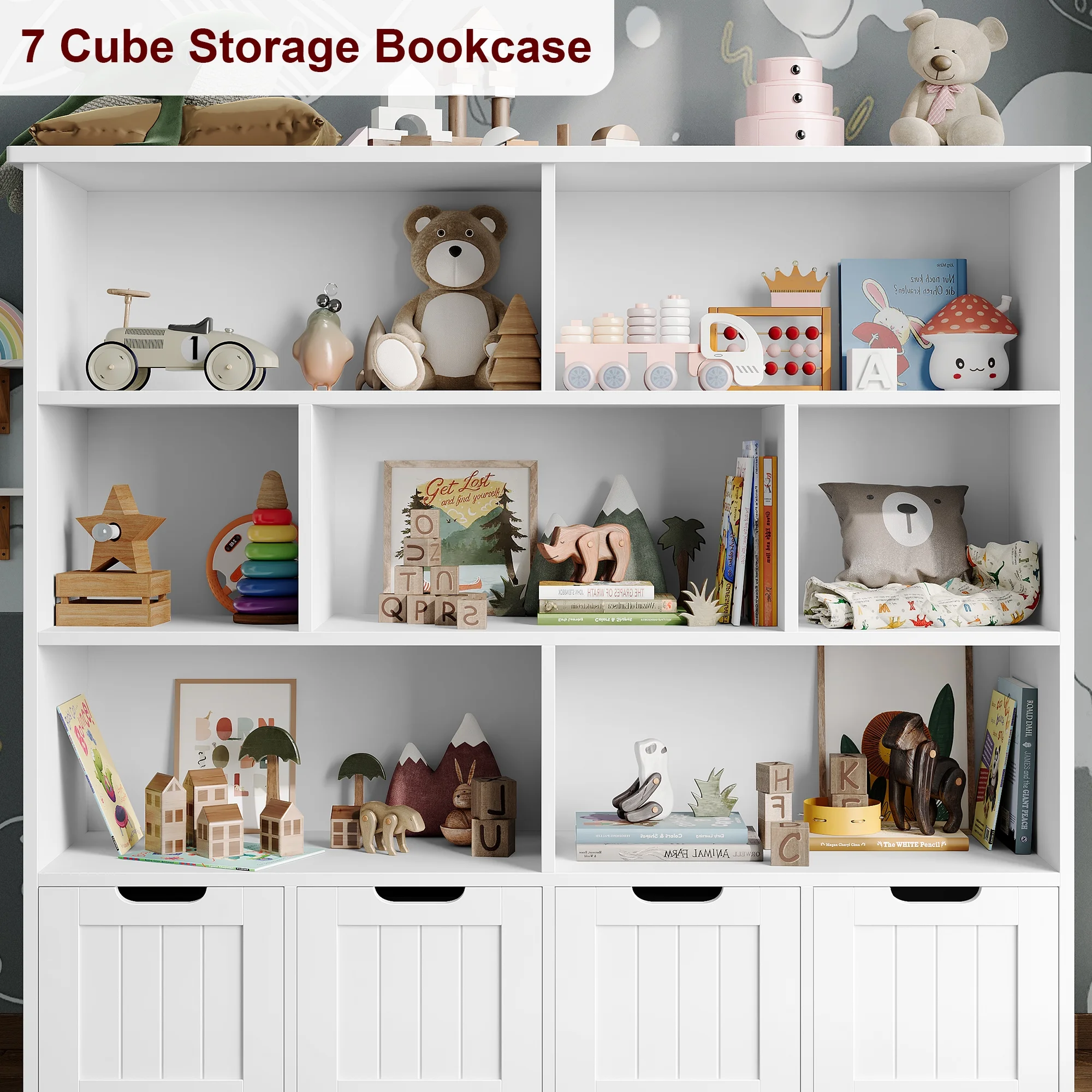 7 Cube Toy Storage Organizer, Kids Geometric Bookcase and Bookshelf with 4 Drawers, White(White) - Image 8