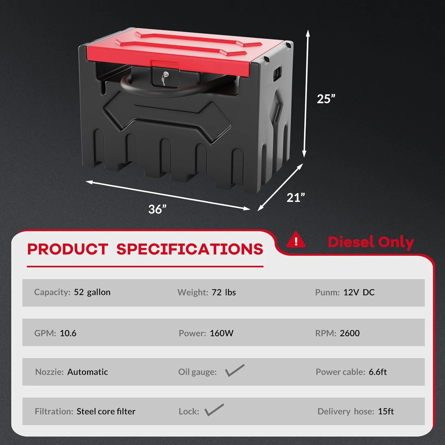 52 Gallon Portable Diesel Fuel Tank with 12V Electric Transfer Pump, High Flow Rate 10 GPM, Durable Diesel Transfer Tank with 13ft Hose & Auto Nozzle for Easy Diesel Transportation, Black & Red