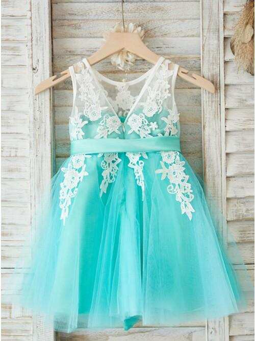 A-Line Round Neck Mint Tulle Flower Girl Dress with Appliques DMP27