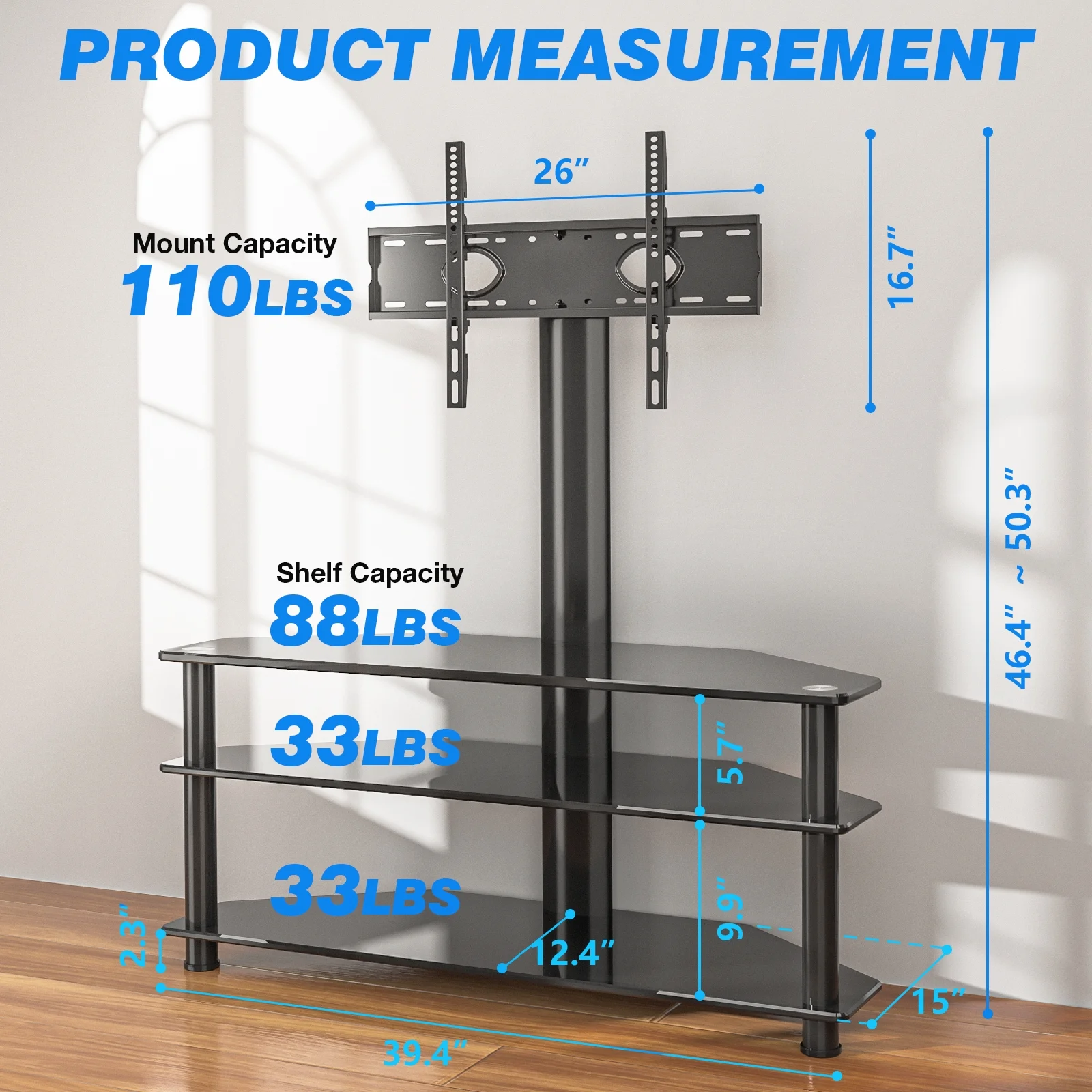 Modern 3 in 1 TV Stand with Mount for Flat Screens up to 65 inch, Black Glass Corner TV Stand for Bedroom(up to 70") - Image 5