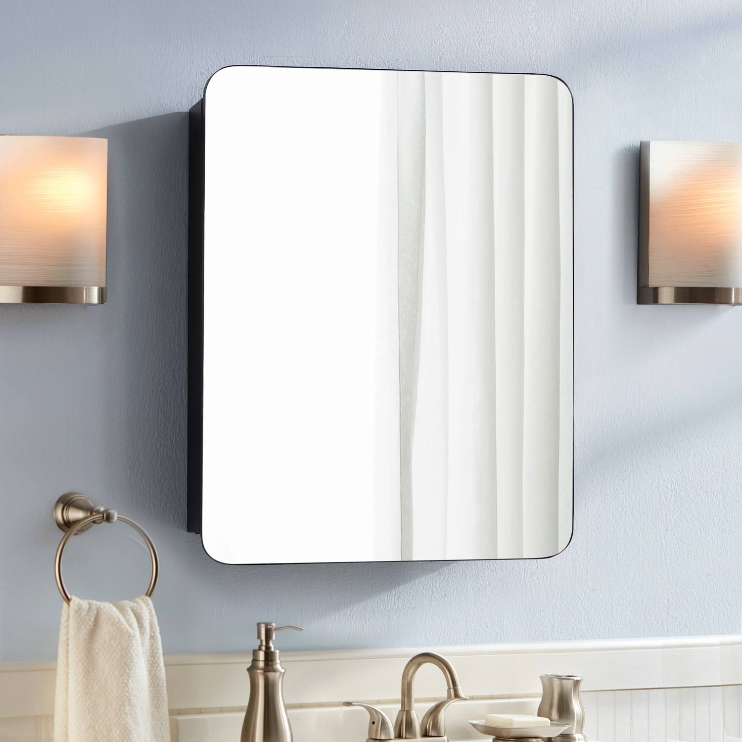 Allen + Roth Medicine Cabinet 20-in x 26-in Surface/Recessed Mount Matte Black Mirrored Square Soft Close Medicine Cabinet