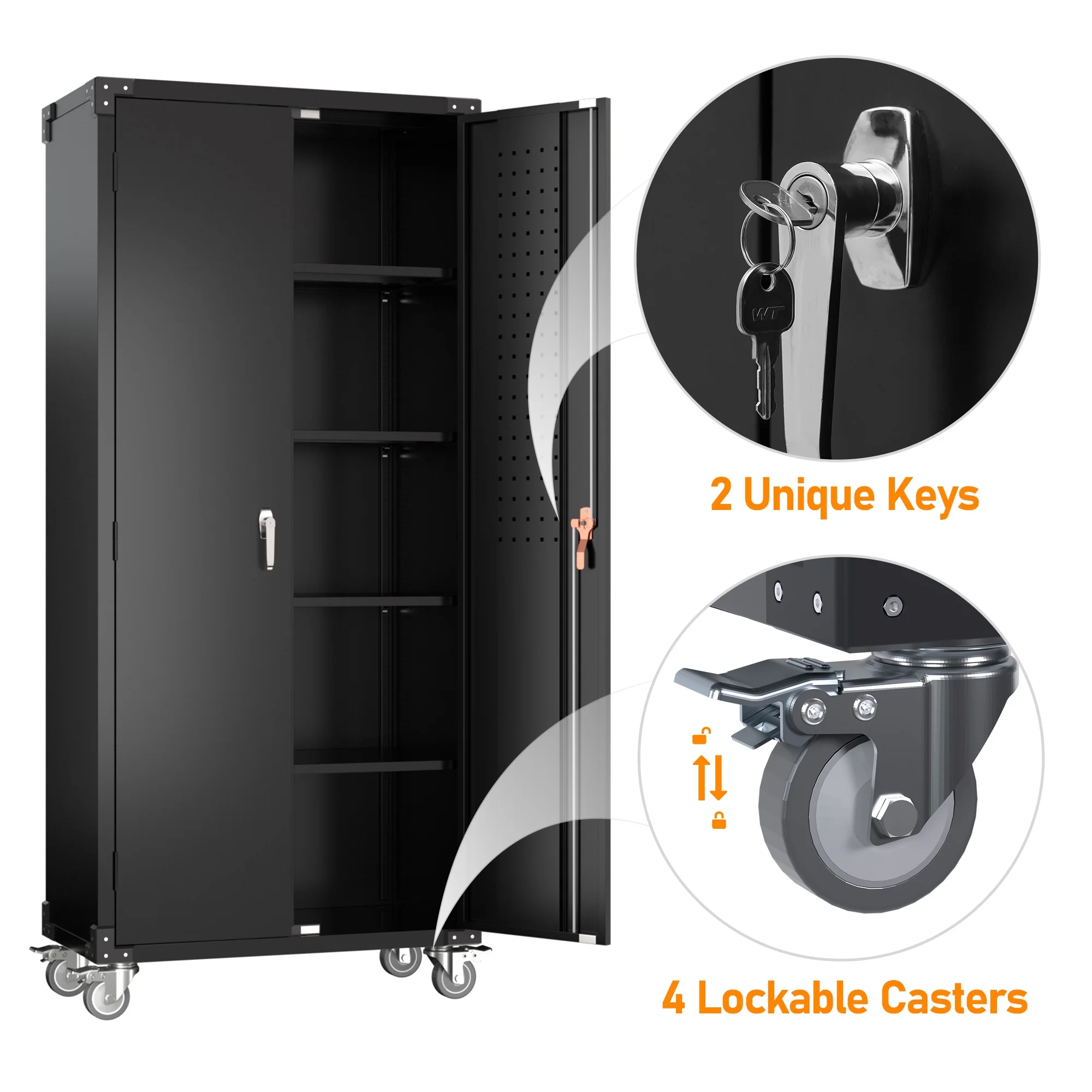Metal Rolling Storage Cabinet, 72 inch Steel Lockable Cabinet with Multipurpose Pegboard and Adjustable Shelves, Tall Tool Cabinet for Office, Home, Storage, Assembly Required(Black)(72'' Black Cabinet with Pegboard) - Image 2