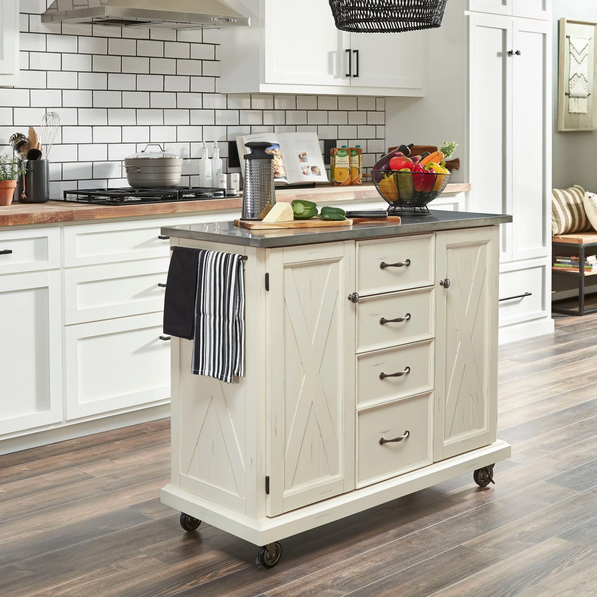 Homestyles Seaside Lodge Off - White Kitchen Cart with Stainless Steel Top - 45' x 16' x 36'