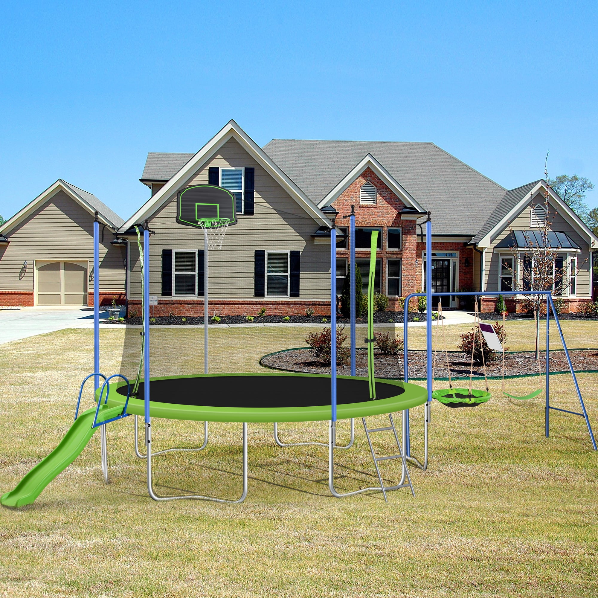 14-Feet Round Trampoline with Swing Slide Basketball Hoop, Outdoor Exercise Jumping Bouncer Trampoline with Safety Enclosure Net and Ladder for Kids Teens Adults, Green(14') - Image 3