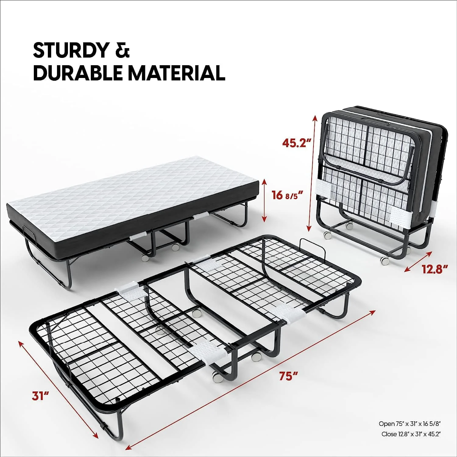 Folding Bed with Mattress 75x31 Cot Size Bed Frame Portable Foldable Roll Away Adult Bed for Guest 5-inch Thick Memory Foam Cot Mattress Space Saving Fold Up Bed for Easy Storage - Image 3