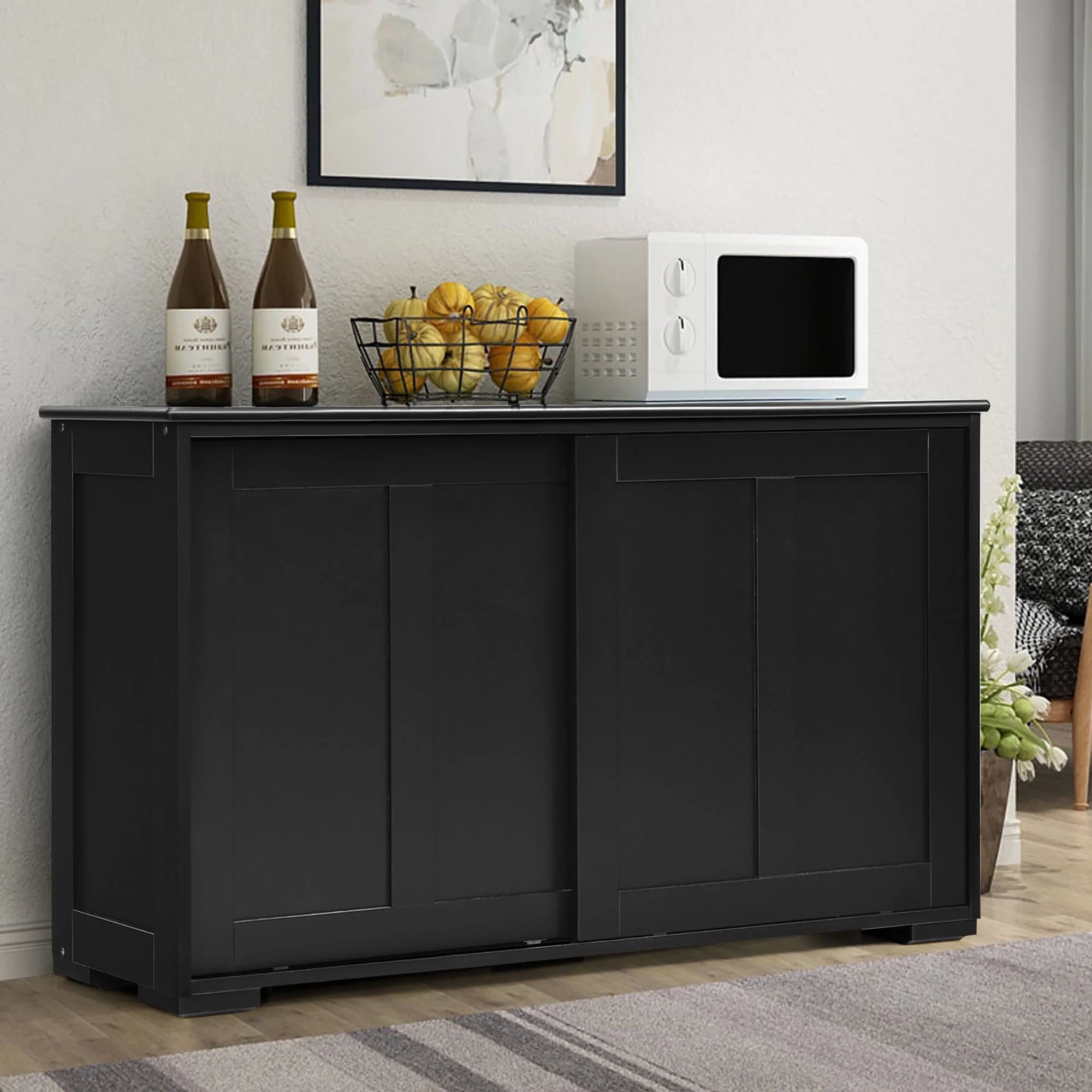 Costway Kitchen Storage Cabinet Sideboard Buffet Cupboard Wood Sliding Door Pantry Black