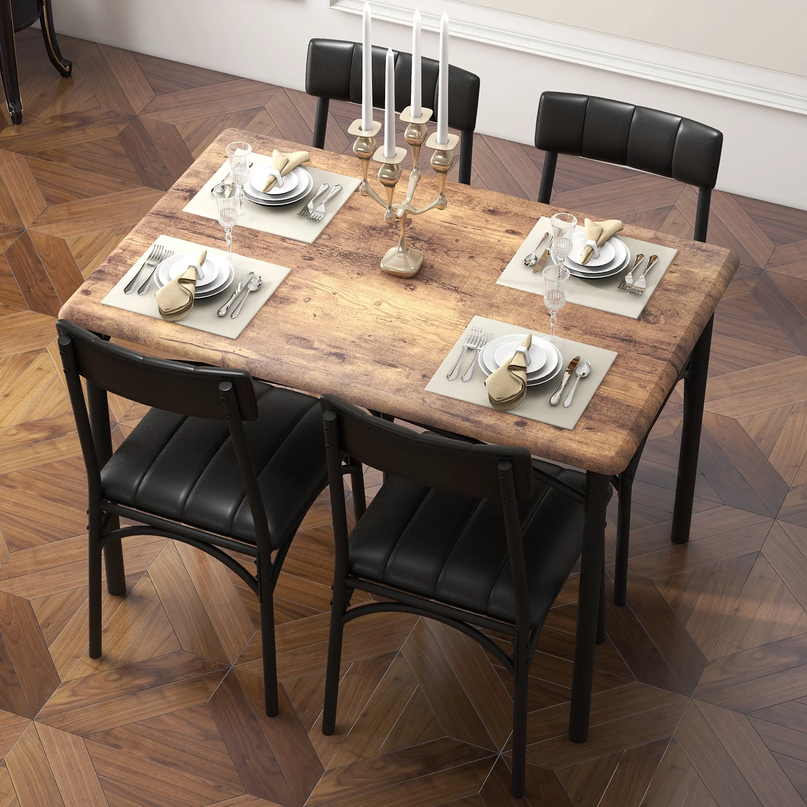 5 Piece Dining Table and Chairs Set, Wood Rectangular Dining Table with 4 Upholstered Chairs(Brown) Image 10