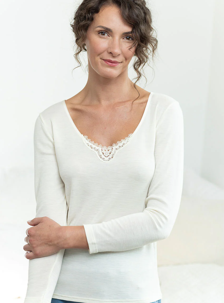 Tee shirt manches longues laine et soie blanc naturel