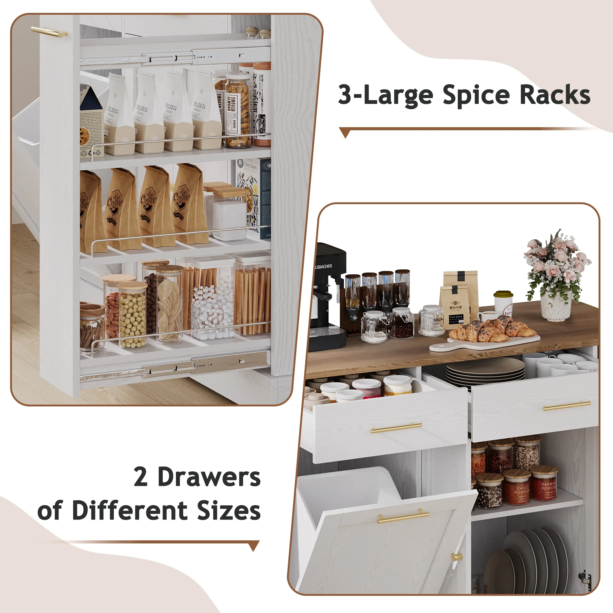 52" Kitchen Island with Storage, Rolling Kitchen Cart Island with Wheels, Tilt Out Kitchen Trash Cabinet 10 Gallon Storage, 3 Large Spice Racks and 2 Drawers, White(White) Image 6