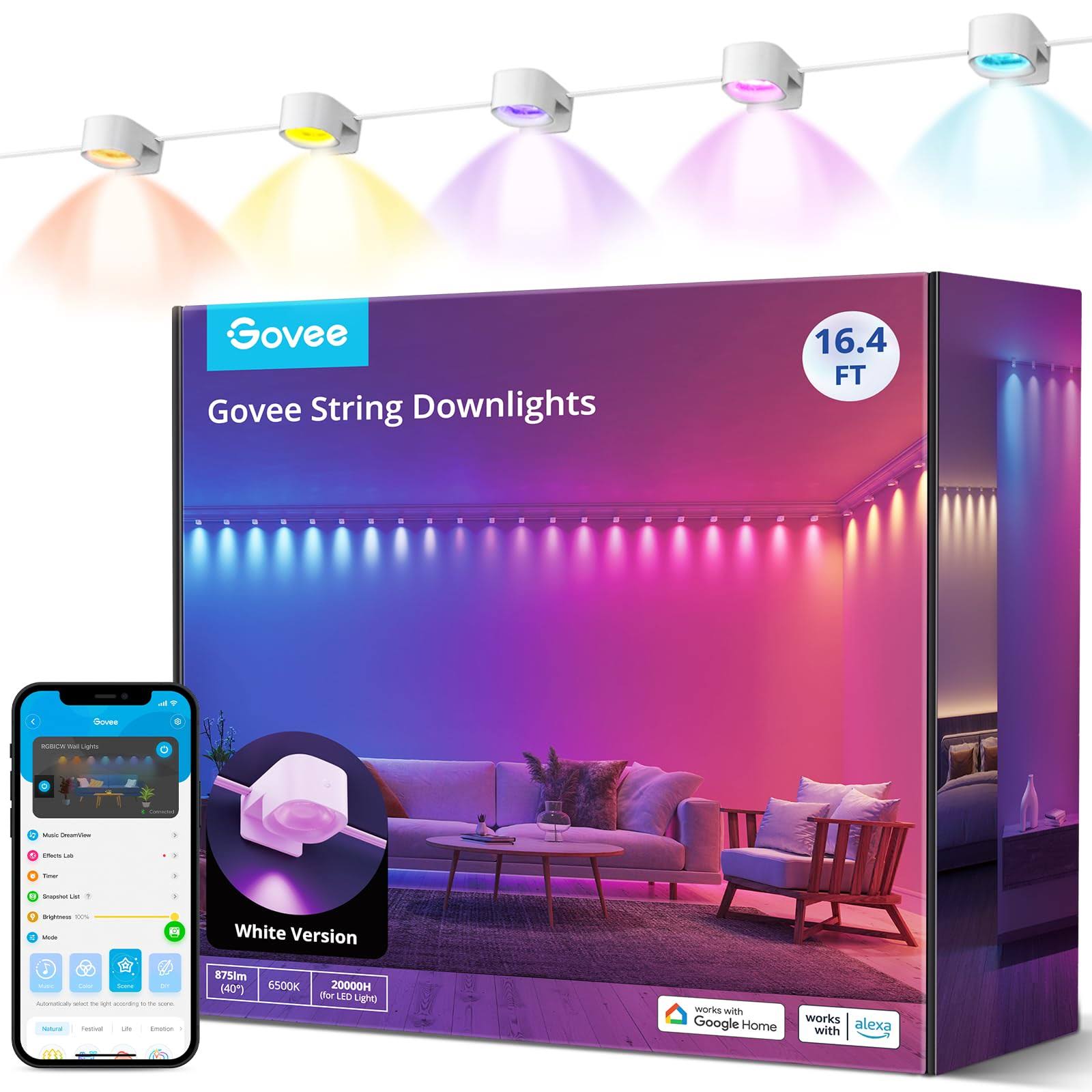 Govee RGBIC String Downlights, Smart LED String Lights Works with Alexa, Color Changing Indoor Wall Light Fixture for Party, Christmas, Home Decor,