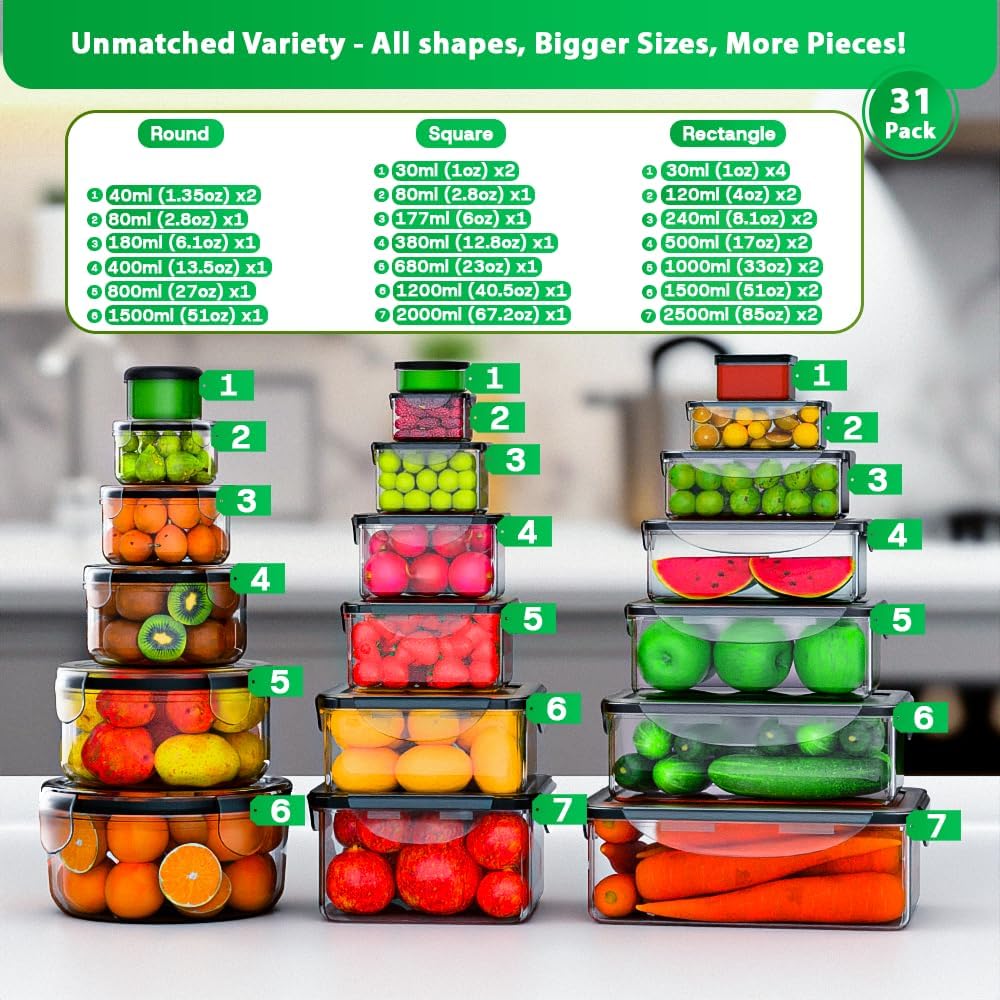62 Pcs Large Food Storage Containers with Airtight Lids, Total 656OZ (31 Containers & 31 Lids), Reusable BPA-Free Plastic Food Container for Kitchen Organization, Leakproof Meal-Prep Containers for Lunch