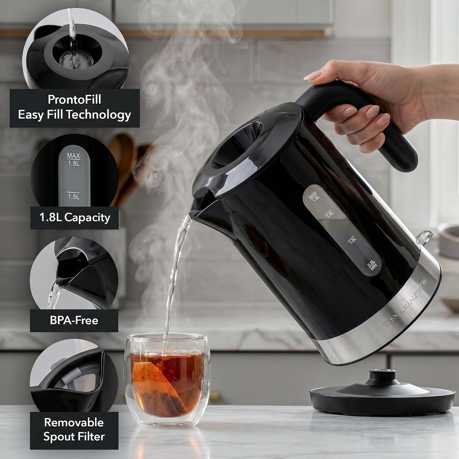 OVENTE 1.8L Electric Kettle, BPA-Free with Easy-Fill Lid, Black KP413B