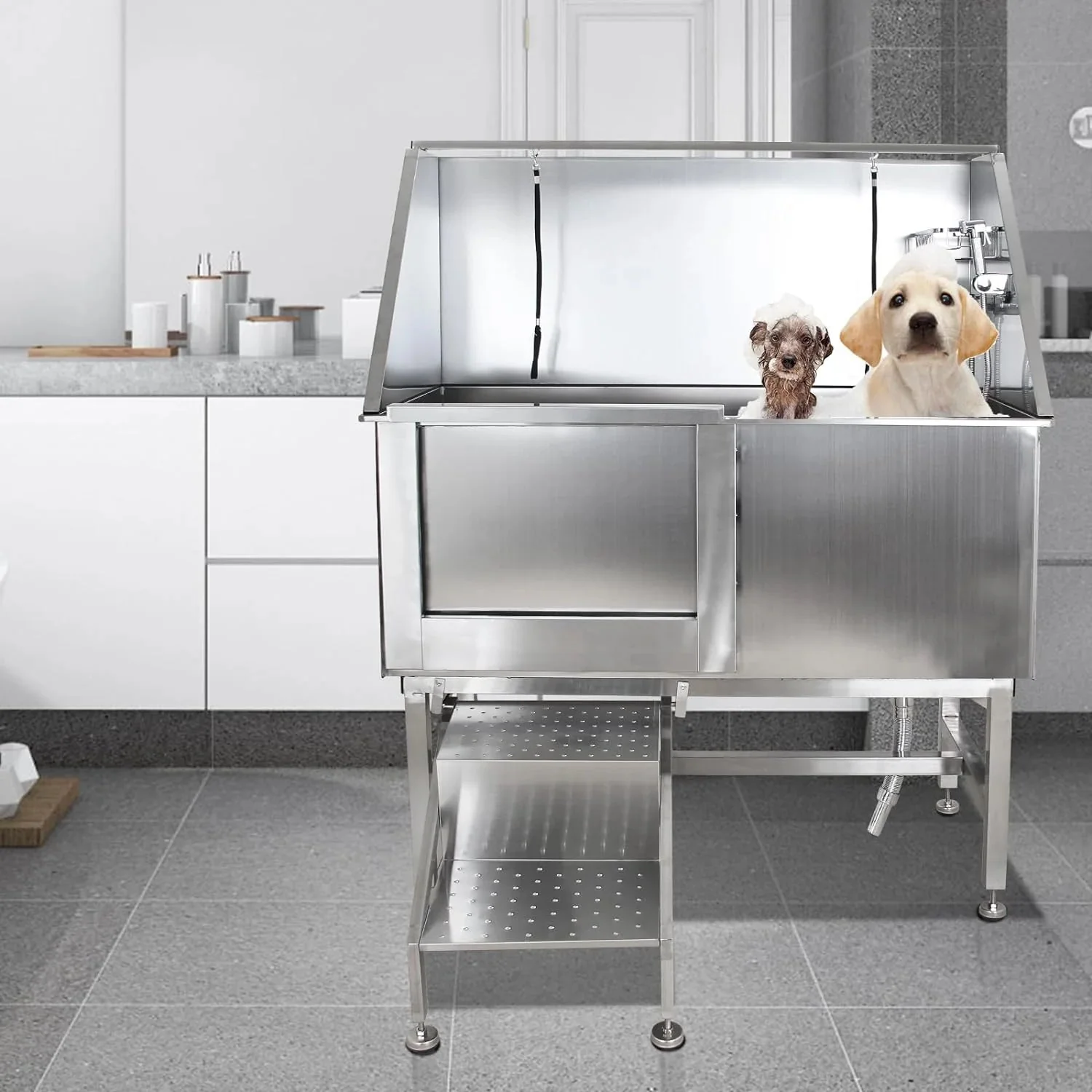 50" Dog Wash Bathtub, Pet Wash Station, Professional Stainless Steel Dog Grooming Tub with Ramp, Faucet, Sprayer, Drain Kit, Right Door
