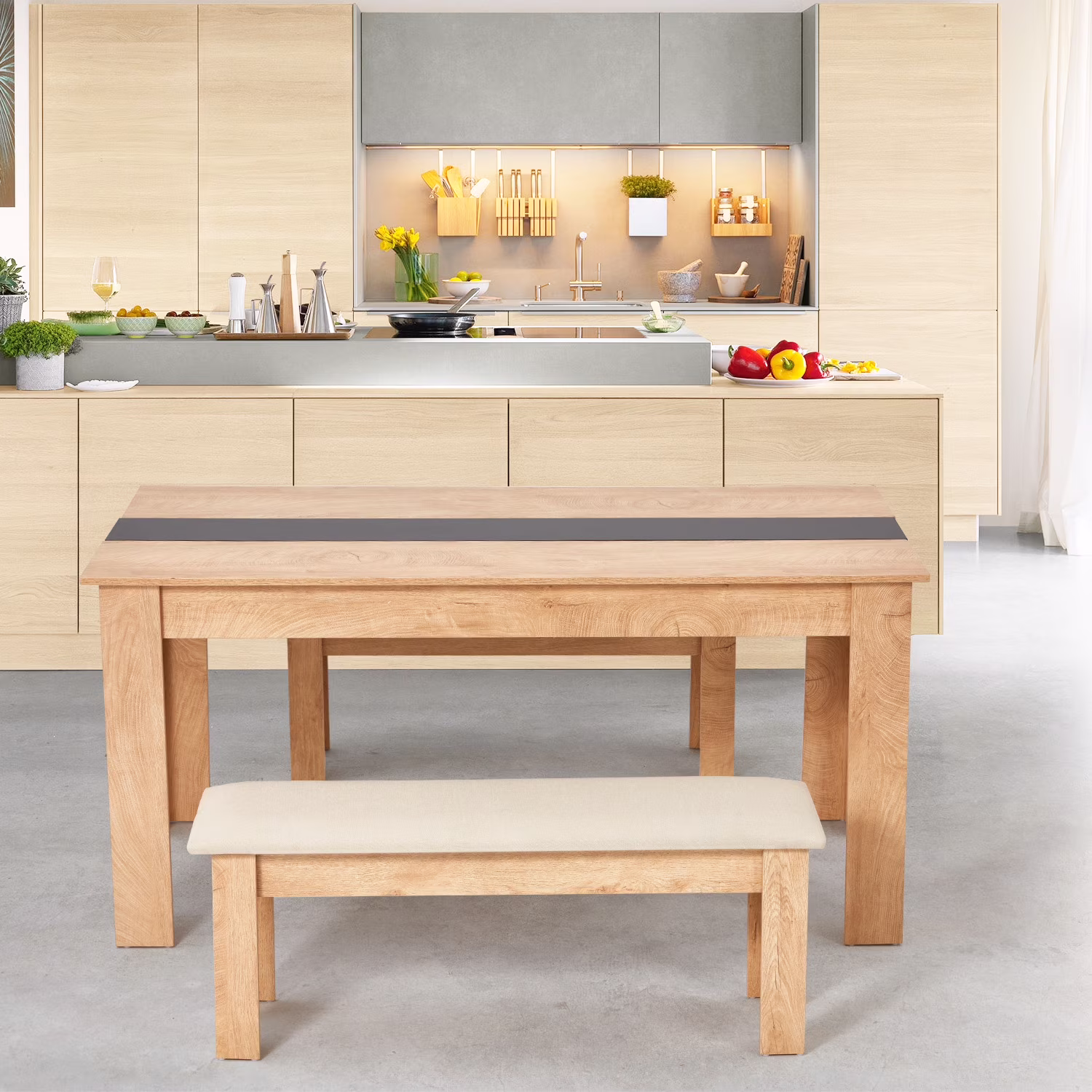 44" Dining Room Bench Set of 2, Wood Linen Fabric Kitchen Benches, Beige Natural(Beige Bench) - Image 9