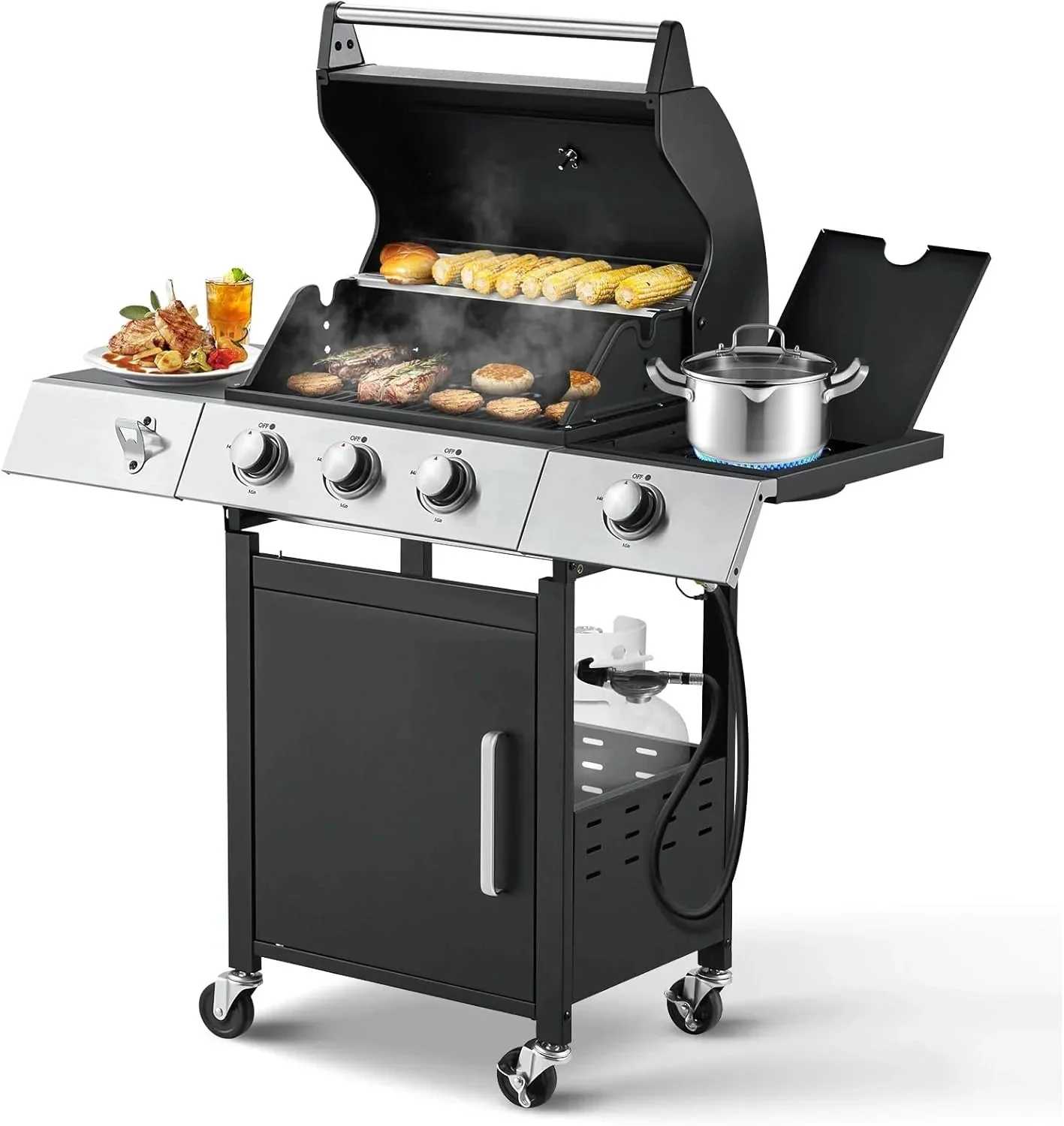 Upgraded 4 Burner BBQ Propane Gas Grill with Cast Iron Grates & Side Stove, 44,000 BTU Stainless Steel Burner Barbecue Grill for Patio, Camping, Outdoor Cooking MELLCOM