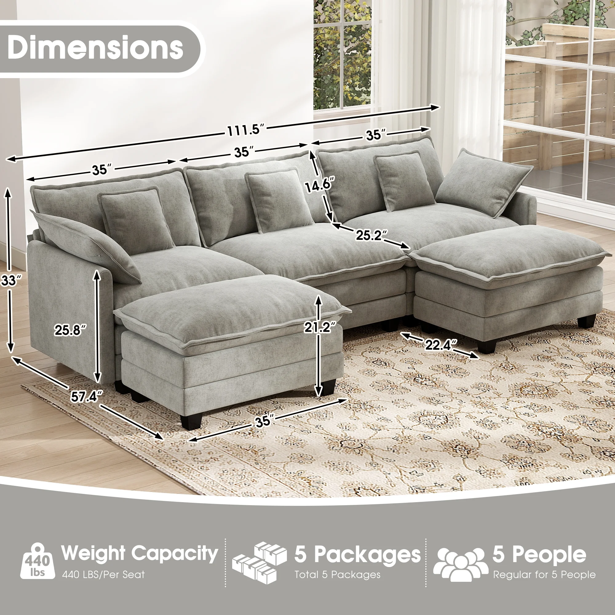 111.5'' Modular Sectional Sofa with Movable Ottomans, U Shaped Cloud Couch for Living Room, 3-Seat, Grey(4-seat2ottoman/green) - Image 6