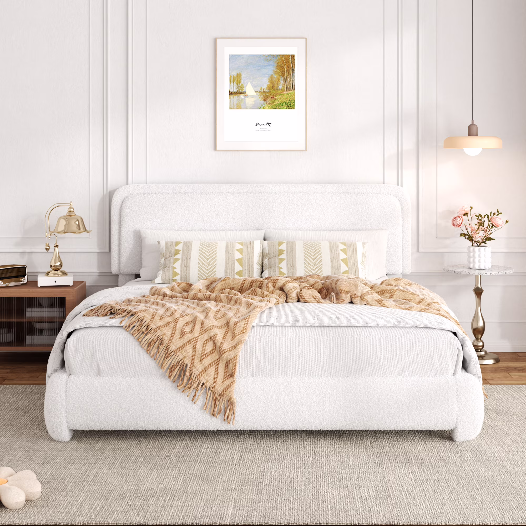 Lijimei King Size Boucle Bed Frame, Upholstered Cloud Platform Bed Frame with Headboard, Anti - Collision Soft Rounded Corners, Adjustable Headboard, Easy Assembly