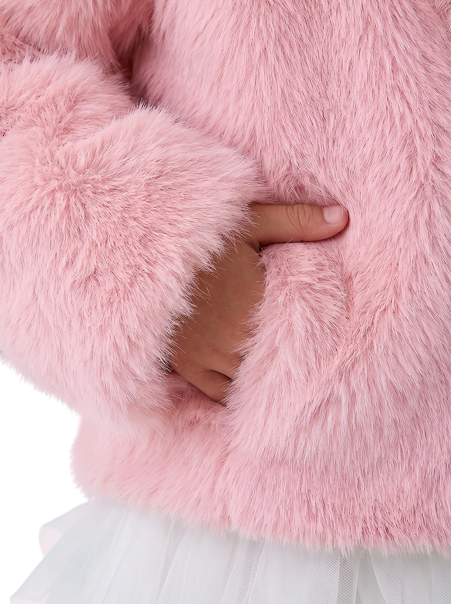 Stanetco Girls' Pink Faux Fur Coat - Kids Warm Fluffy Winter Jacket, Cute Shaggy Outerwear with Classic Lapel Collar