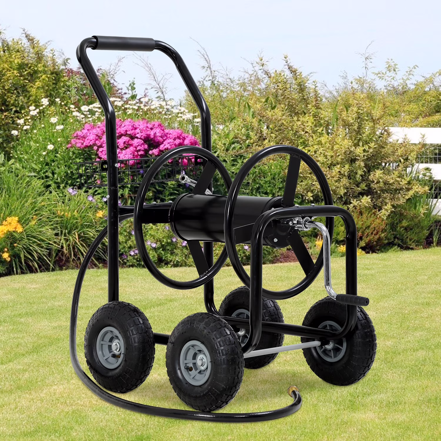 YRLLENSDAN Garden Water Hose Reel Cart Tools with Wheels Garden Lawn Water Truck Water Planting Cart Heavy Duty Outdoor Yard Water Planting Holds 300-Feet of 5/8-Inch Hose with Storage Basket (Black)